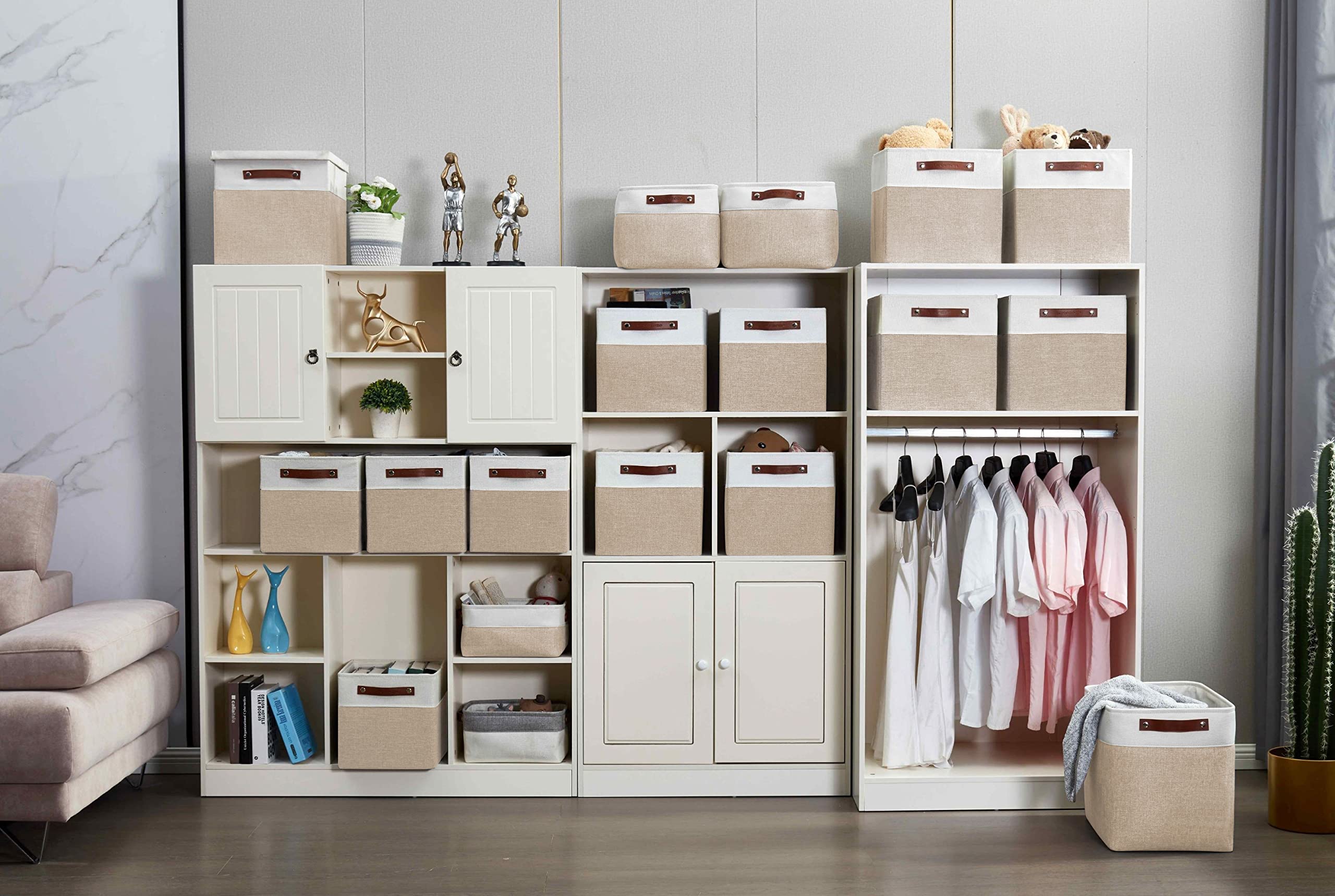 DECOMOMO Kallax Storage Cubes - 13x15x13 Inch Fabric Bins & Baskets for Shelves Organization - Beige & White Set of 3 - Perfect for Closet, Nursery, and Living Room Storage