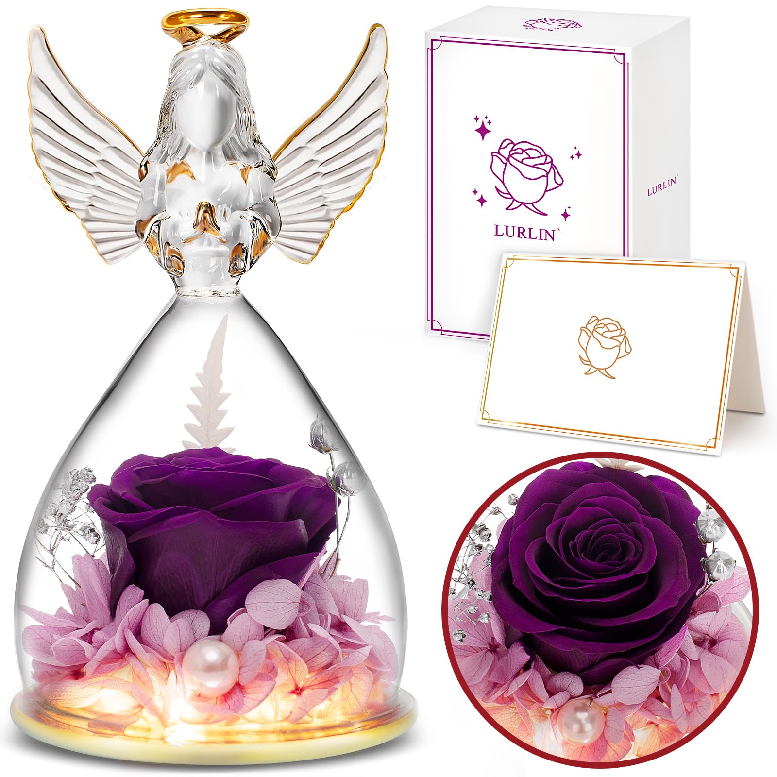 LURLIN Preserved Rose & LED Angel Figurine Gift Set - Birthday, Anniversary Present for Women, Mom, Grandma, Wife, Teacher, Nurse | Romantic Home Decor, Valentine's Day Gift, Wedding Table Centerpiece