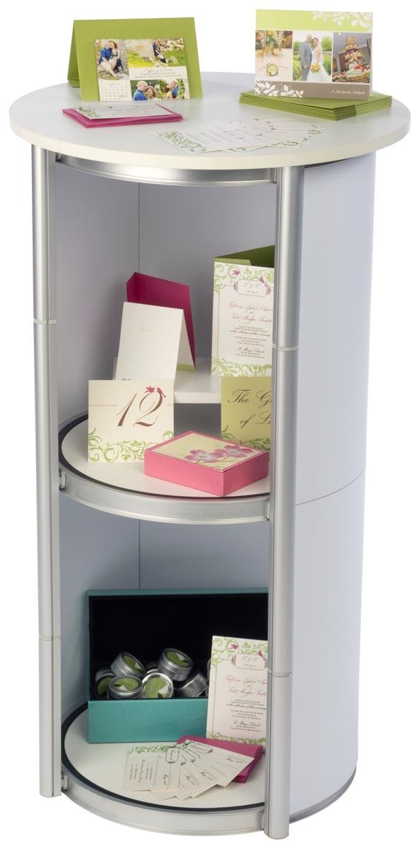 Displays2Go Portable Display Case with Twist Design - Collapsible 4-Shelf White Laminate & Chrome Stand (SLVTWST1M) | Perfect for Trade Shows, Retail Displays & Boutique Merchandising
