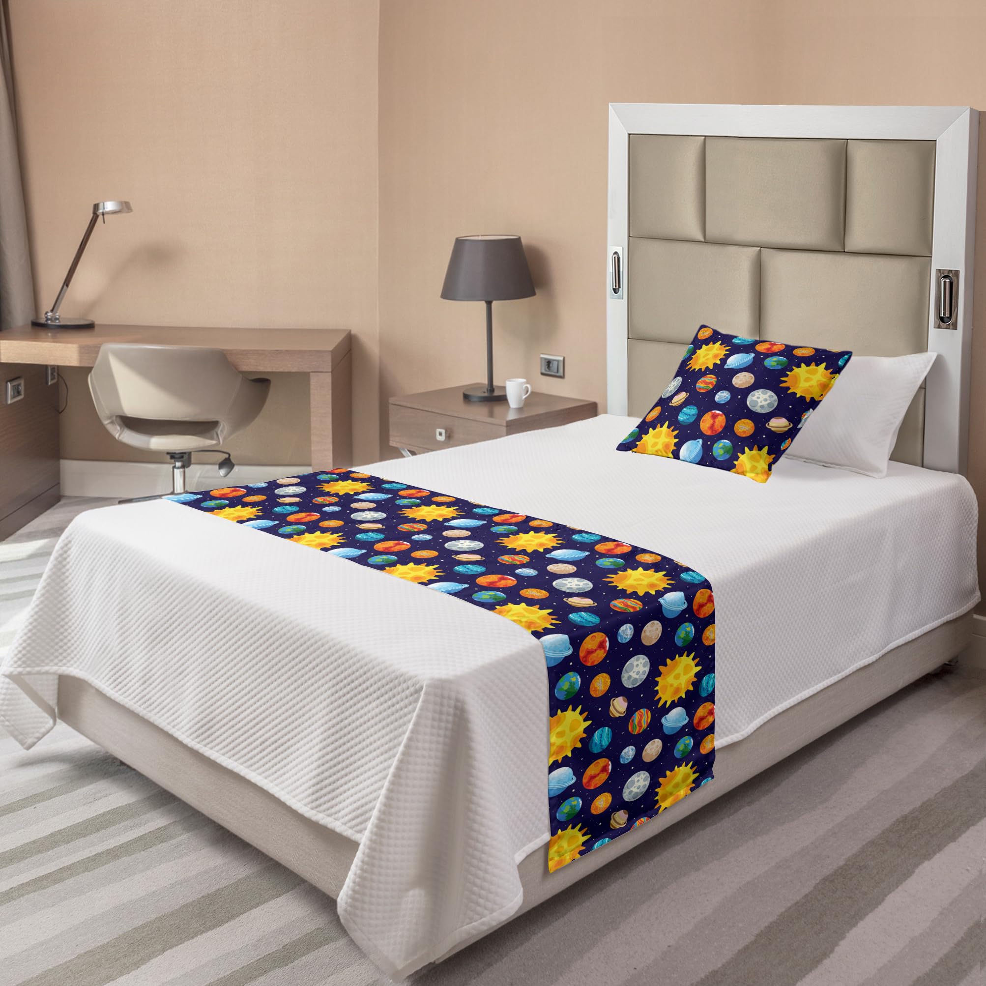 Ambesonne Solar System Bed Runner Set - Colorful Planets & Sun Space Themed Twin Size Bed Scarf with Matching Pillow Sham for Home & Hotel Decor | Indigo & Multicolor Astronomy Themed Bedding Accessory | Perfect for Kids' Rooms, Space Enthusiasts & Sci-Fi Themed Bedrooms