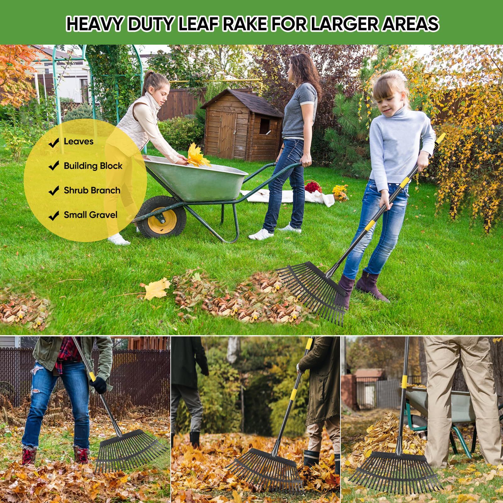 Heavy Duty 6FT Garden Leaf Rake with 25 Metal Tines - 18.5 Inch Wide Adjustable Steel Handle for Lawns, Yards & Flower Beds - Perfect for Raking Leaves, Gathering Shrubs, Leveling Grass & Outdoor Cleanup
