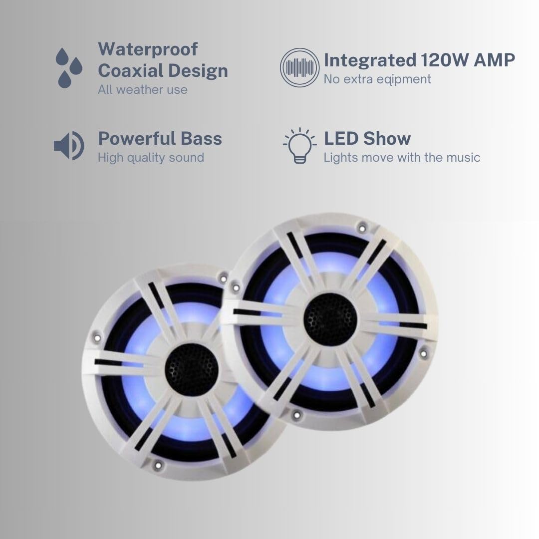 PQN Audio RV652BTWLD 6.5英寸同轴蓝牙音箱 - 车载和船用防水扬声器，集成放大器，LED灯，白色（2只装）适合户外派对和露营
