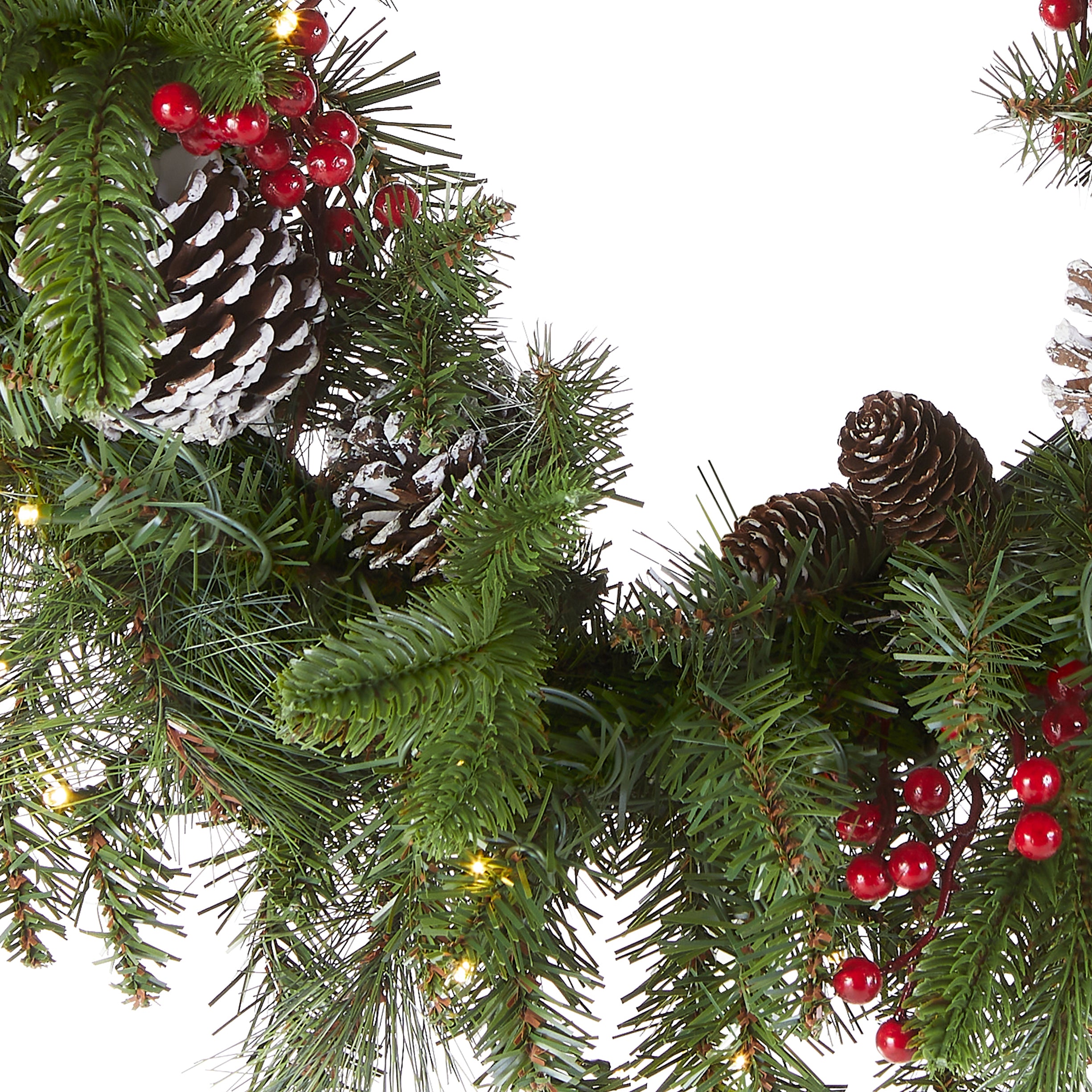 24 Inch Pre-Lit Bristle Berry Wreath with Warm White LED Lights - Christmas Holiday Door Decor for Home, Office & Outdoor Use