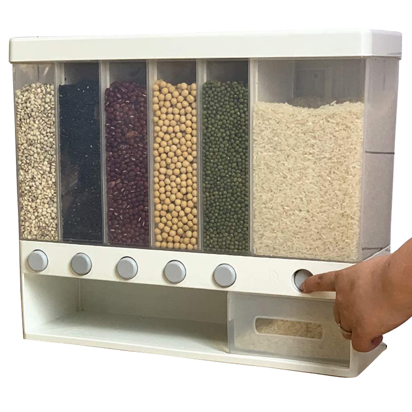 ZJFSX 6-Grid Wall Mounted Rice Storage Container - Whole Grains, Dry Food & Dried Fruit Dispenser - White Kitchen Organizer for Pantry, Countertop & Cabinet Storage