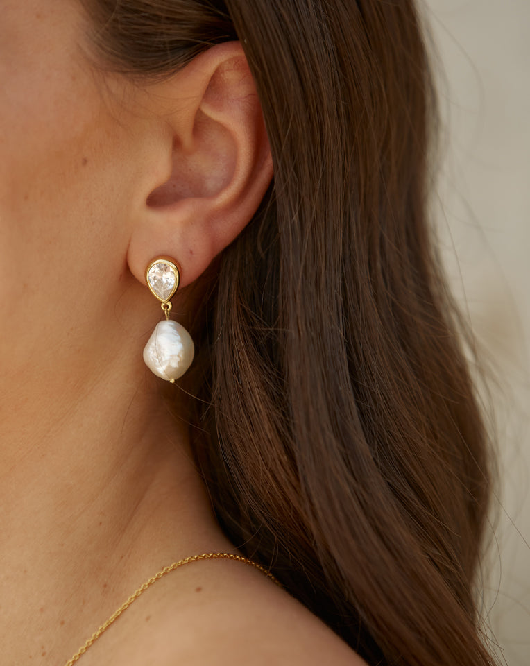 Elegant Wedding Earrings - Bezel Set Pear Crystal & Pearl Dangle Earrings by Lola Knight Oceane Collection | Perfect for Bridal, Prom & Formal Occasions