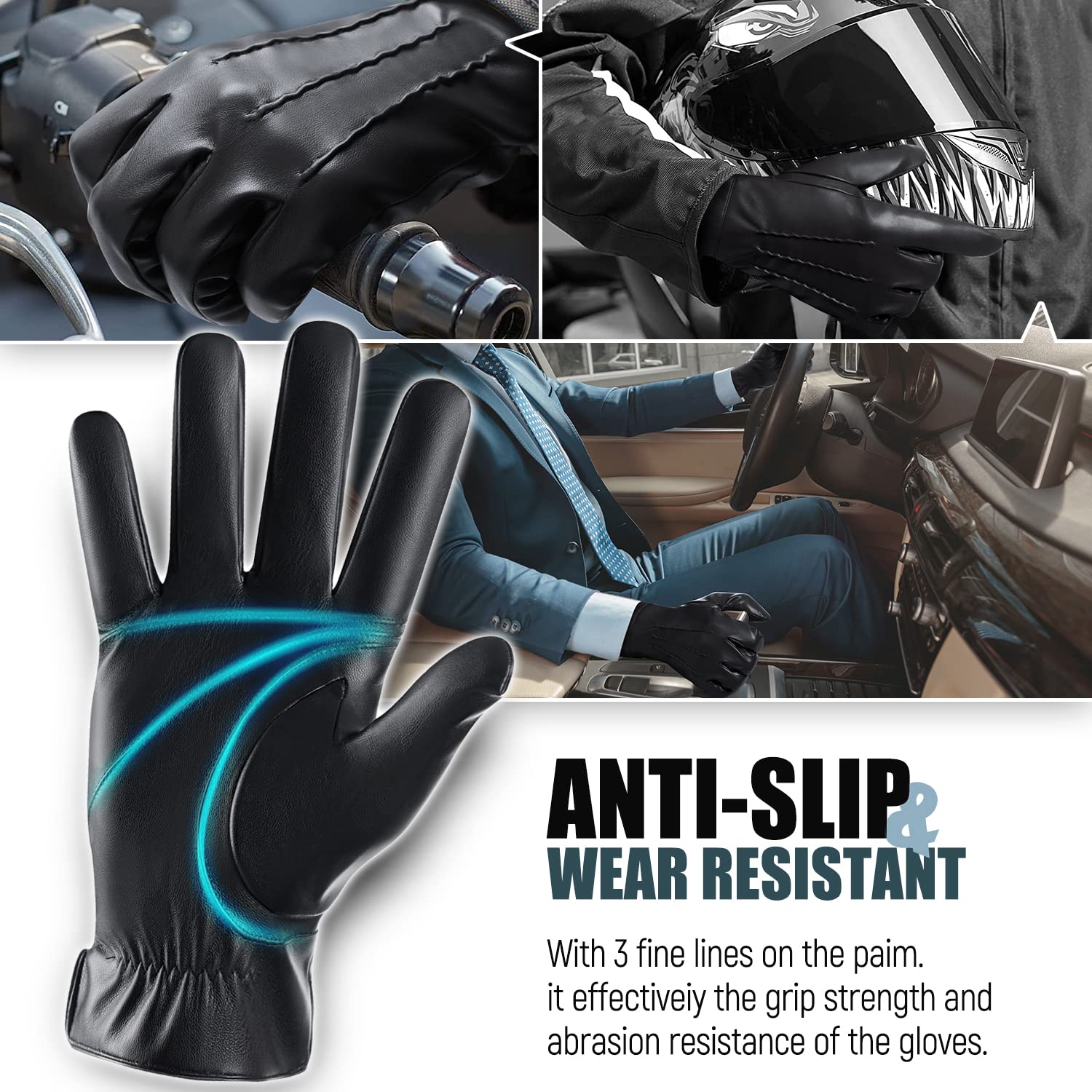 Premium Men's Winter Leather Gloves with Touchscreen & Cashmere Lining - Warm Snow Driving & Motorcycle Riding Gloves for Cold Weather Protection