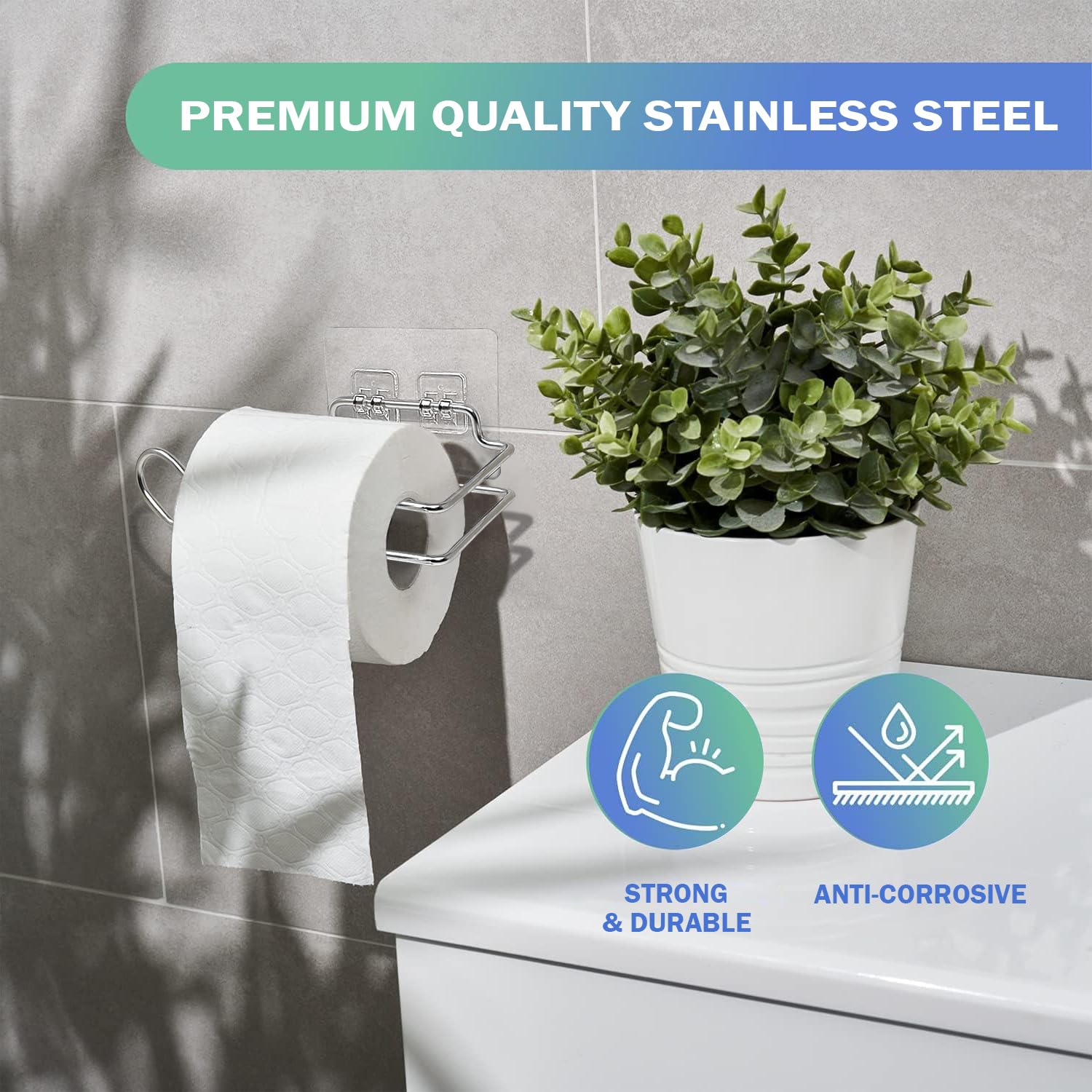 Stickzy 1PC Small Stainless Steel Self-Adhesive Toilet Paper Holder - No Drill Bathroom & Kitchen Towel Roll Hanger - Space Saving Storage Rack for Tissue, Paper Towels (Perfect for Apartments, RVs, Dorms)