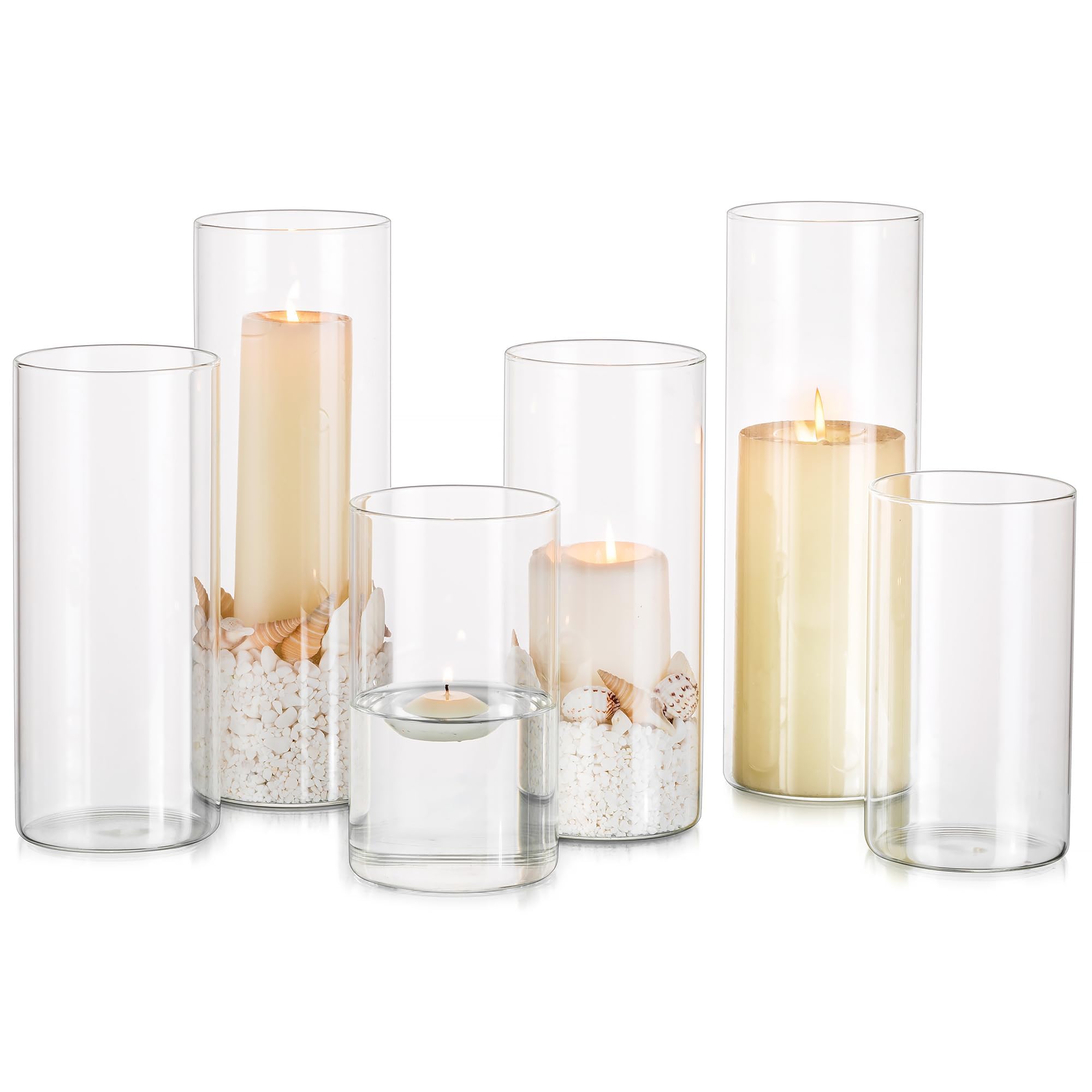 Glasseam Clear Hurricane Candle Holder Set of 6 - Modern Glass Cylinder Vases for Pillar Candles, Floating Candle Centerpieces - 6