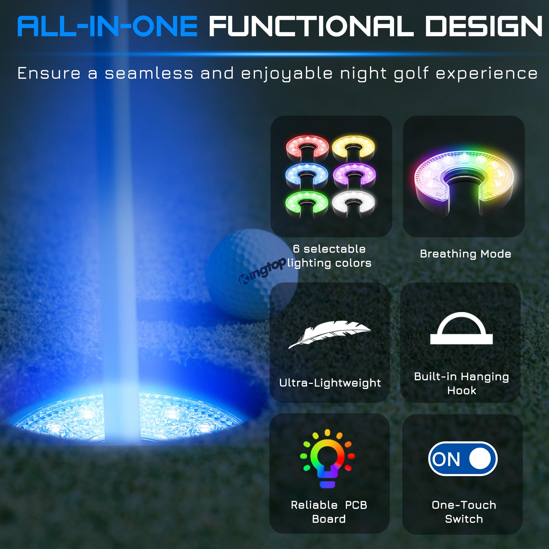 KINGTOP LED Golf Hole Light with Anti-Glare Lens - Battery Operated Glow in The Dark Putting Cup Lights for Night Golf, Backyard Practice & Golf Parties | Perfect for Indoor/Outdoor Putting Greens, Nighttime Practice & Golf-Themed Events