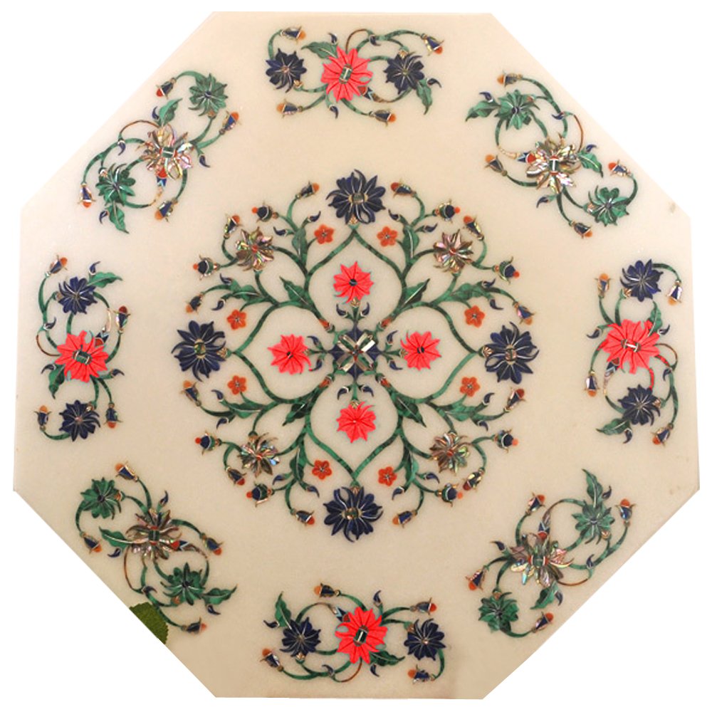 Elegant White Decorative Marble Inlay Coffee Table Top - Handcrafted Luxury Home Decor for Living Room, Lounge & Office