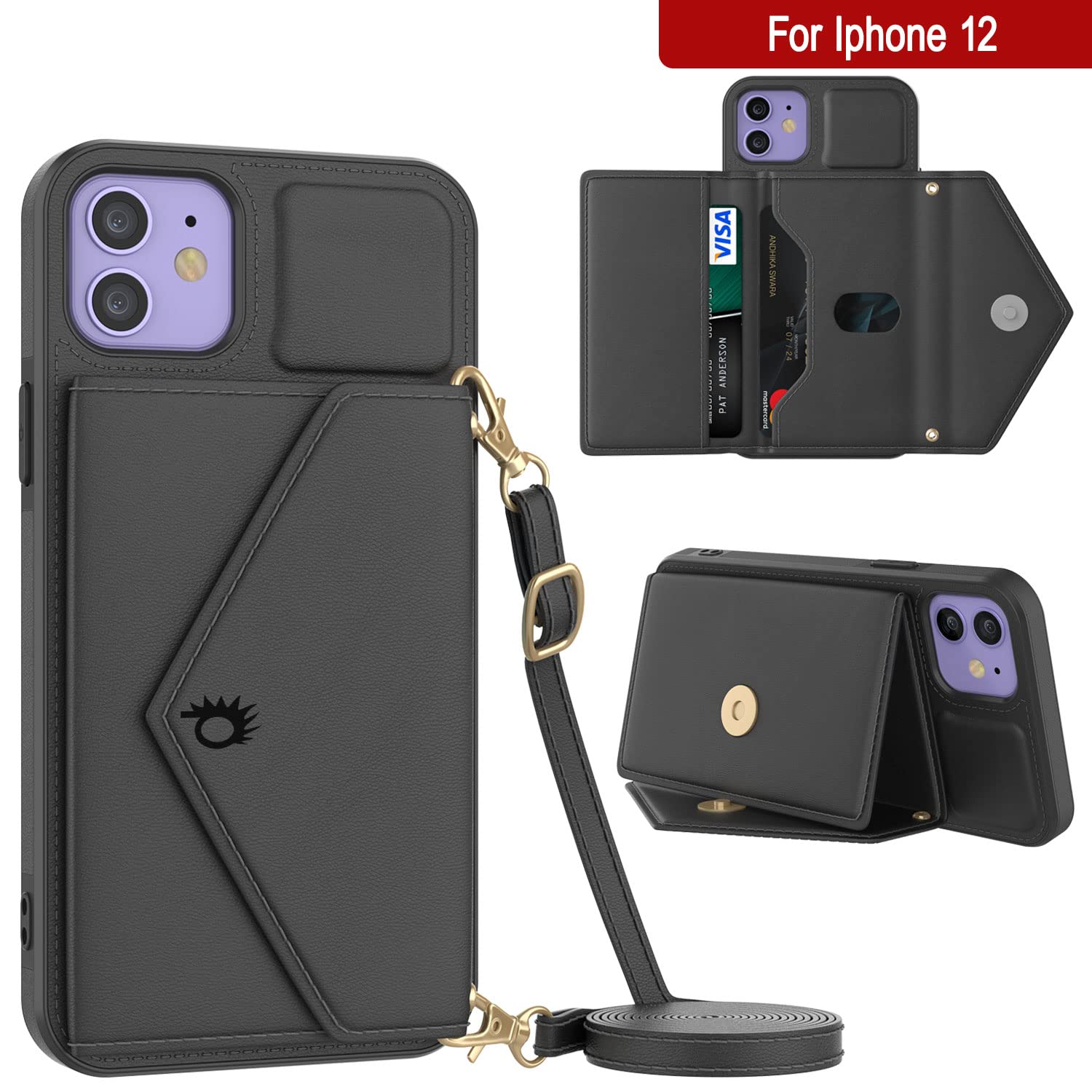 Punkcase for iPhone 12 Wallet Phone Case - Sparkle Series PU Leather Crossbody Purse with Kickstand & Shoulder Strap | Stylish Protective Cover for iPhone 12 (6.1 Inch) Black | Perfect for Work, Travel & Everyday Use