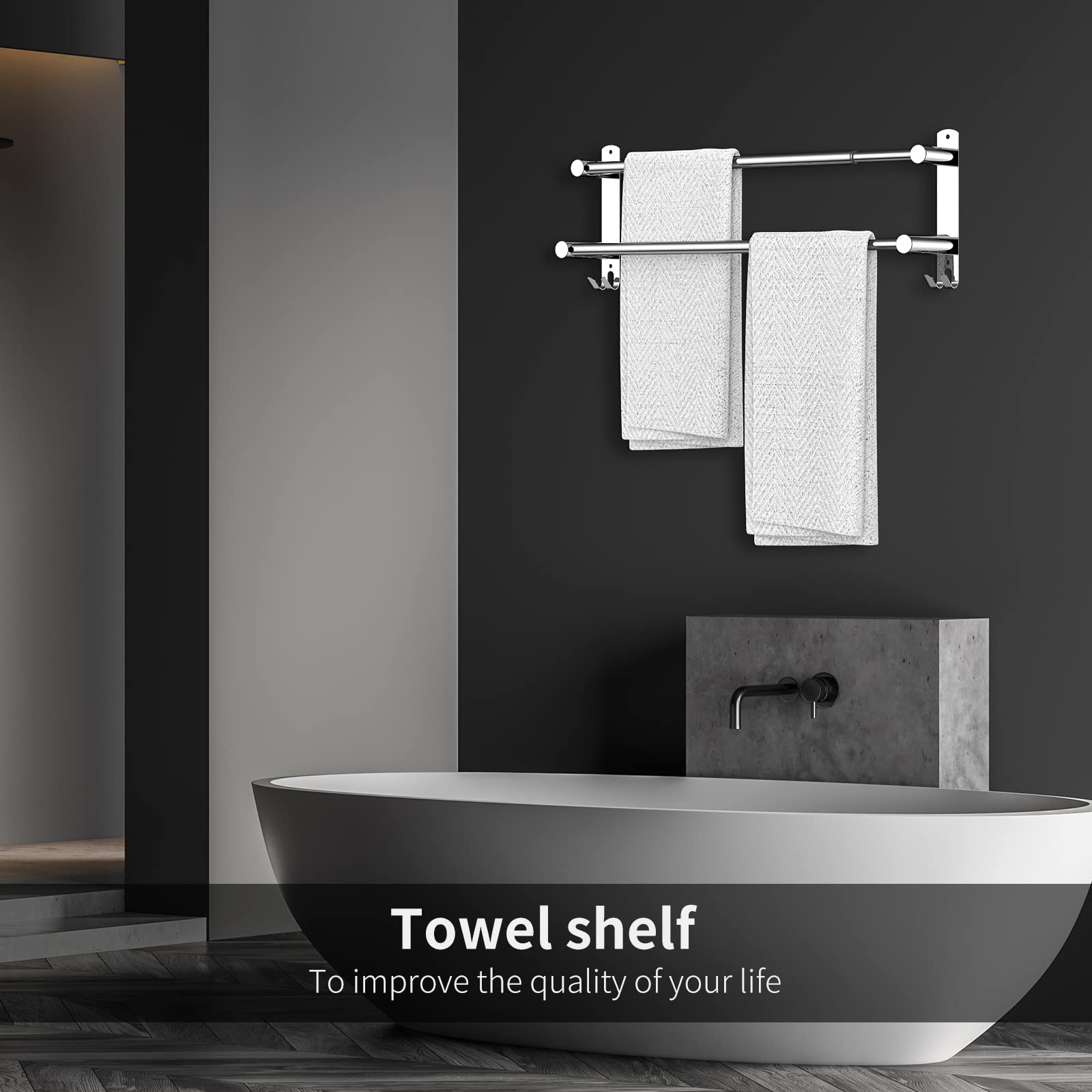 Stretchable 24-30 Inches Stainless Steel Towel Bar - Rustproof SUS304 No Drill Self-Adhesive Wall Mount for Bathroom & Kitchen - Perfect for Hand Towels, Dish Cloths & More (2 Bars) - Ideal for Small Spaces, Apartments & RVs