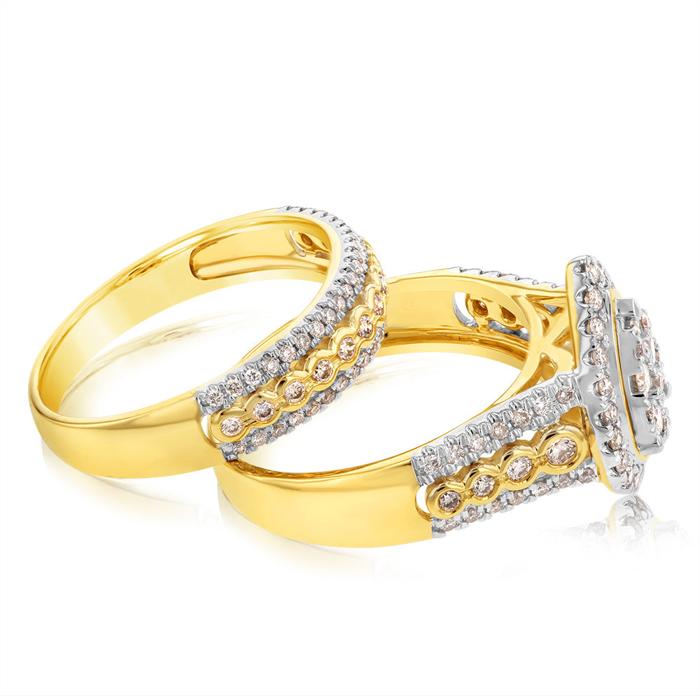 9ct Yellow Gold 3/4 Carat Diamond Bridal Ring Set - 124 Round Brilliant Cut Diamonds for Engagement, Wedding & Anniversary Gifts