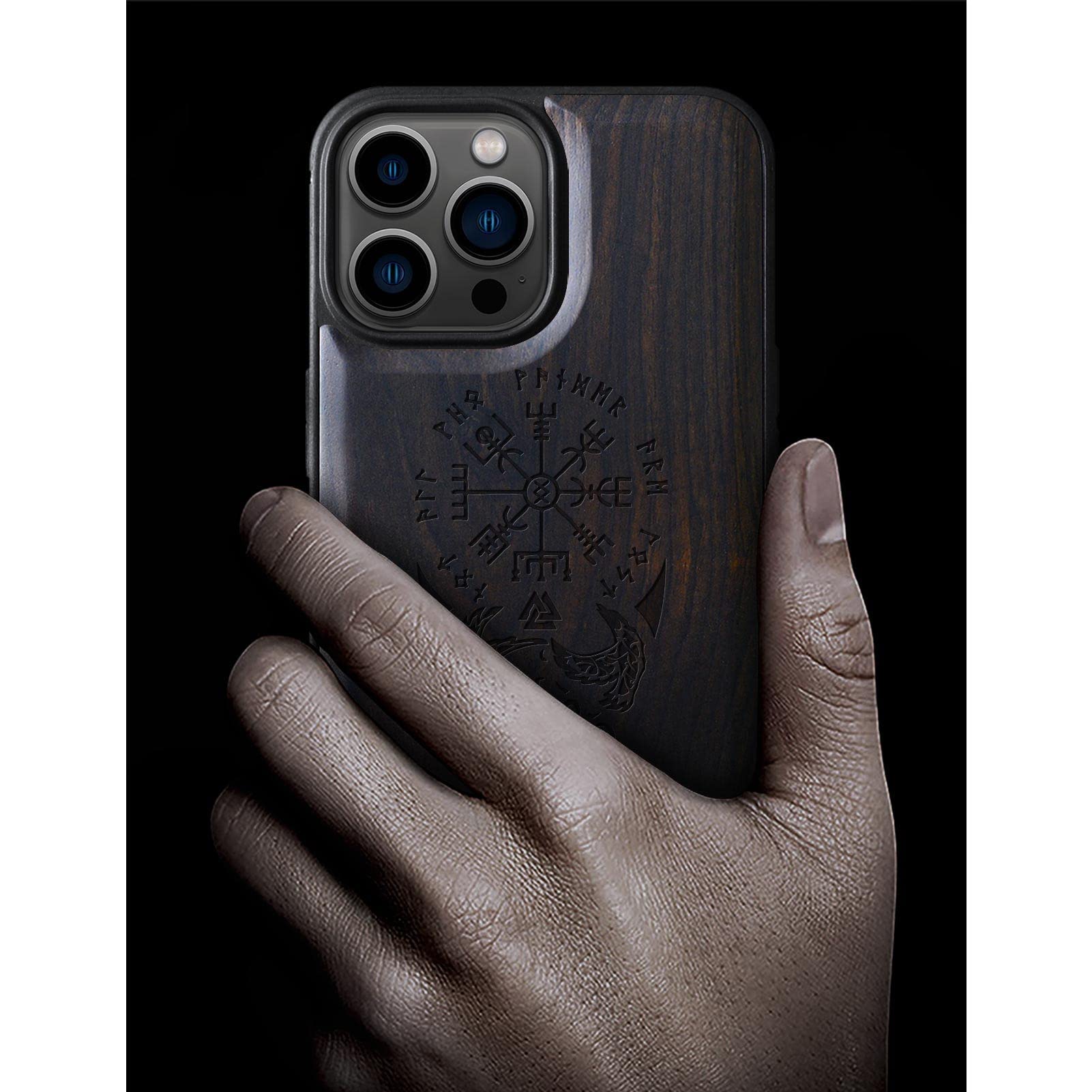 Carveit Magnetic Wooden Case for iPhone 13 Pro - Natural Wood & Soft TPU Shockproof Protective Cover - MagSafe Compatible Viking Compass Design (Blackwood) - Perfect for Outdoor Adventures & Business Meetings