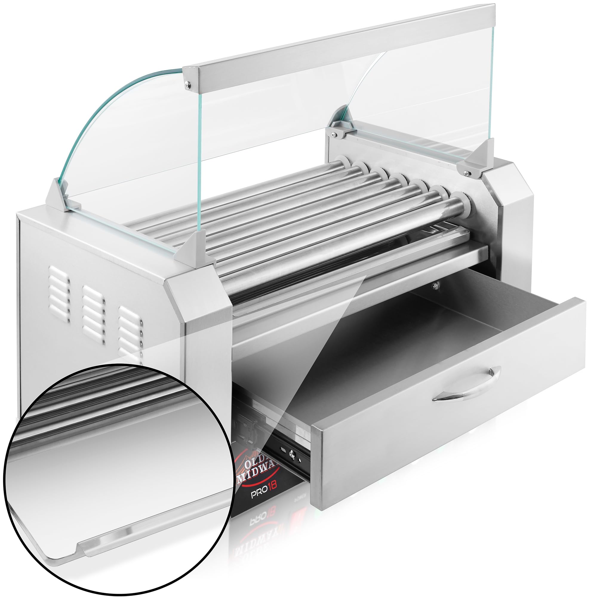 Olde Midway Electric 18 Hot Dog 7 Roller Grill Cooker Machine with Bun Warming Drawer & Cover - Commercial Grade Stainless Steel Hot Dog Roller for Restaurants, Carnivals & Concession Stands