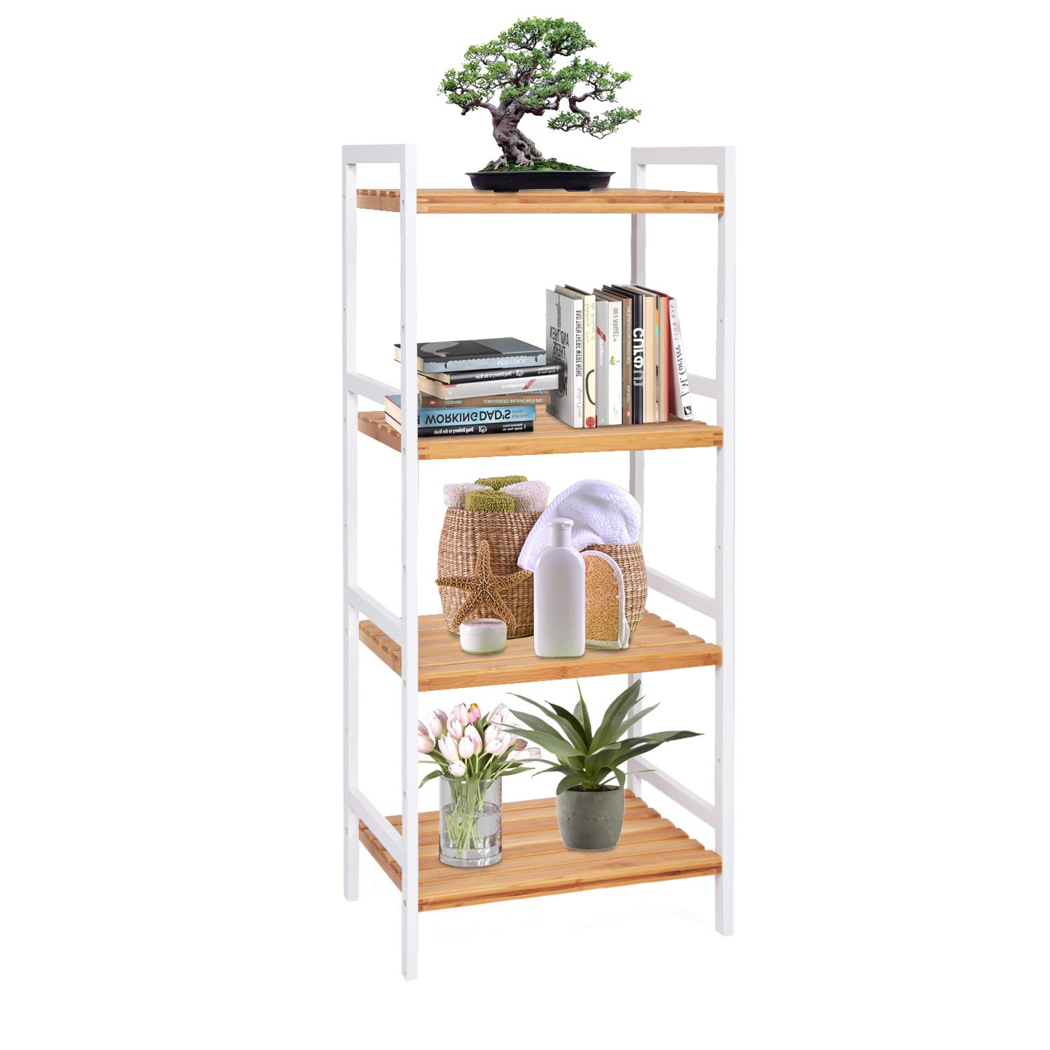 Kinbor 4-Tier Adjustable Bamboo Shelf - Freestanding Storage Unit for Bathroom, Kitchen, Living Room | Space-Saving Organizer for Plants, Books & Home Decor