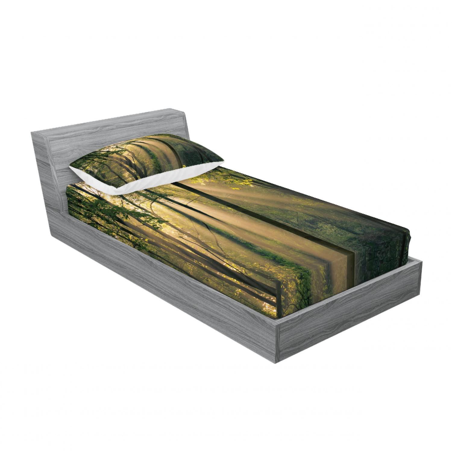 Ambesonne 2-Pack Twin Fitted Sheet & Pillow Sham Set - Summertime Countryside Design (Green/Beige/Black) | 4-Piece Bedding Collection for Cozy Home Decor | Perfect for Guest Rooms, Dorms & Vacation Homes
