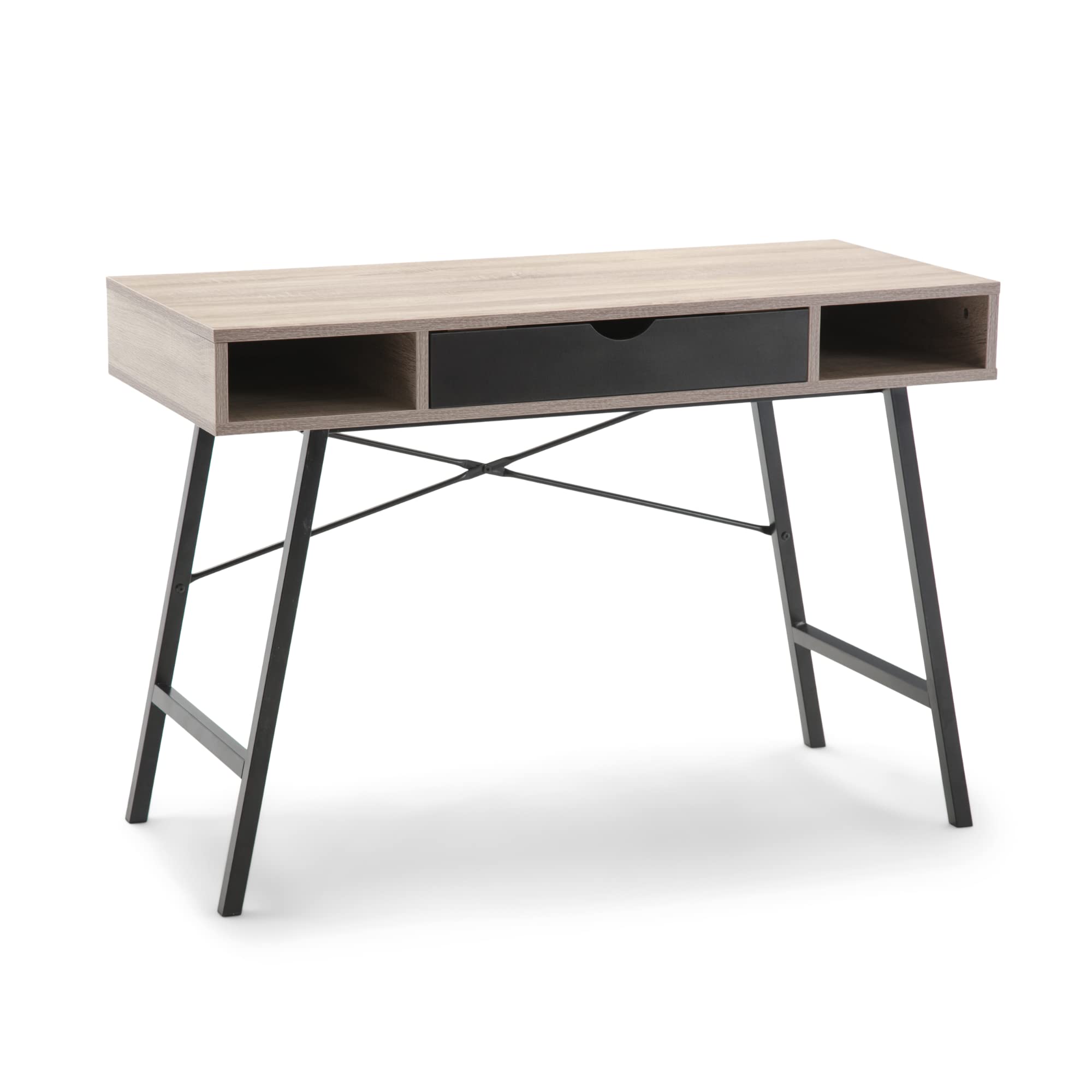 Modern Two-Tone Wood Metal Home Office Desk - White Oak/Black Computer Laptop Writing Study Table with Open Storage & Drawer | Perfect for Small Spaces, Remote Work & Student Dorm Rooms