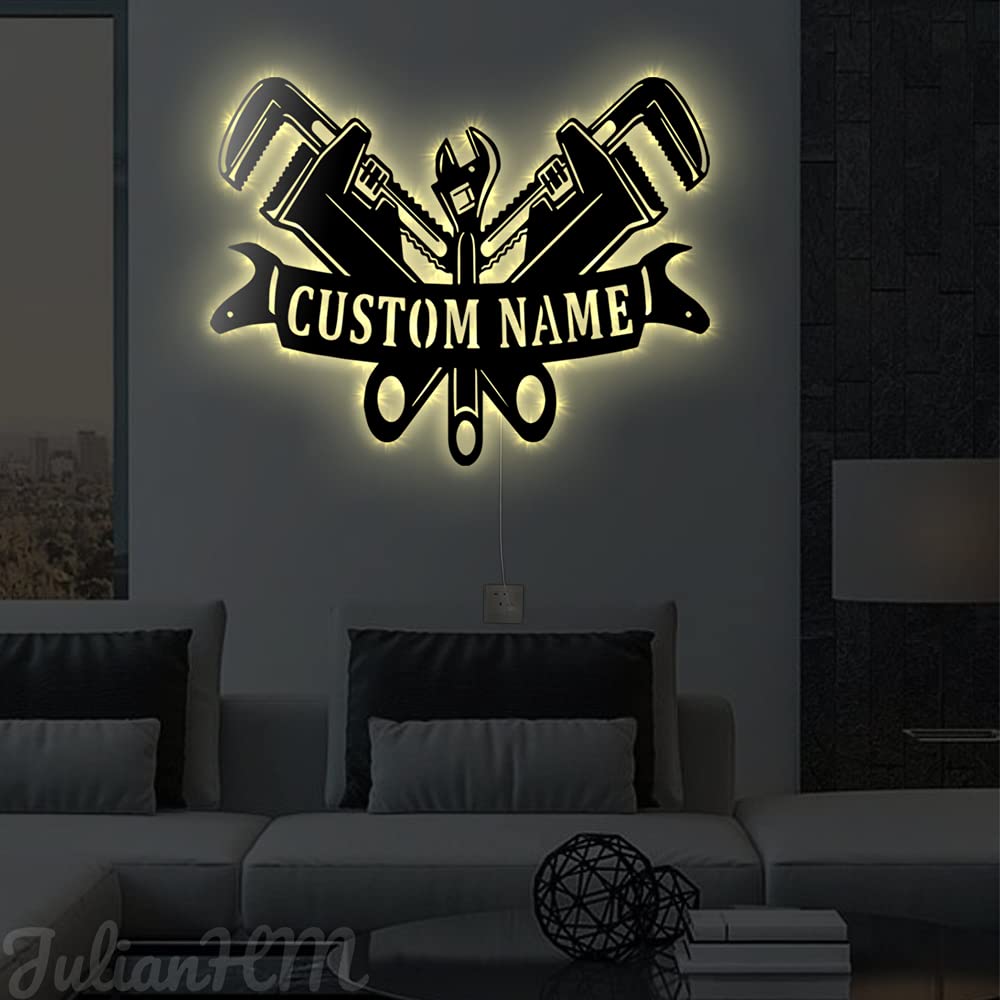 Custom LED Monogram Plumber Metal Sign - Personalized Plumber Gift for Men - 14x14 Inch Wall Art with Lights - Perfect for Workshop, Garage & Man Cave Decor