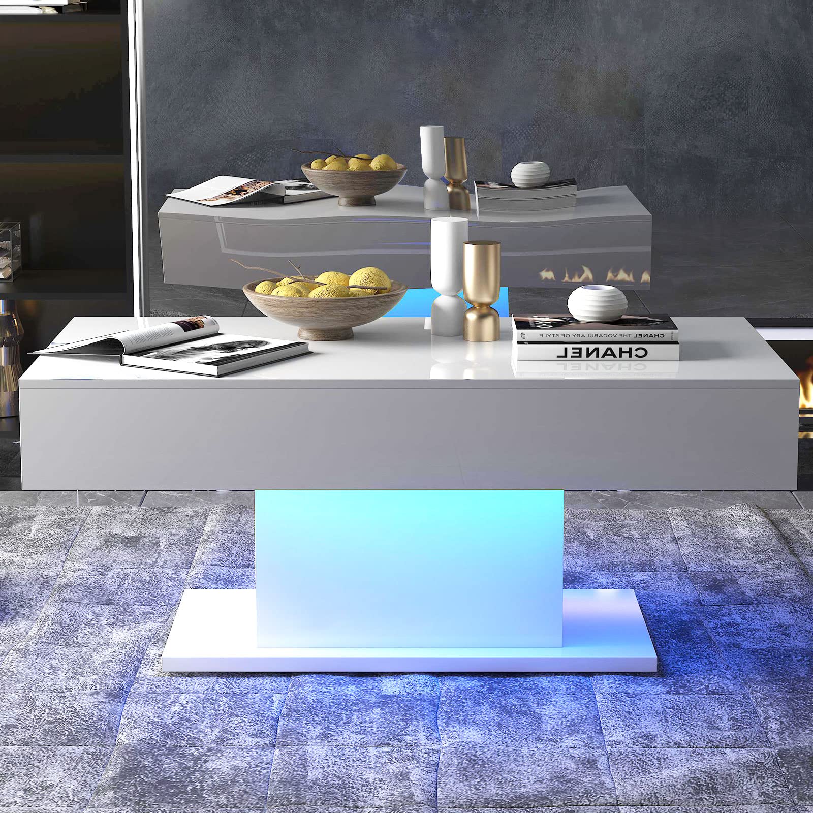 16-Color LED Coffee Table - Modern High Gloss Rectangle Center Table with White LED Lights for Living Room | Perfect for Home Decor, Parties & Cozy Night Ambience