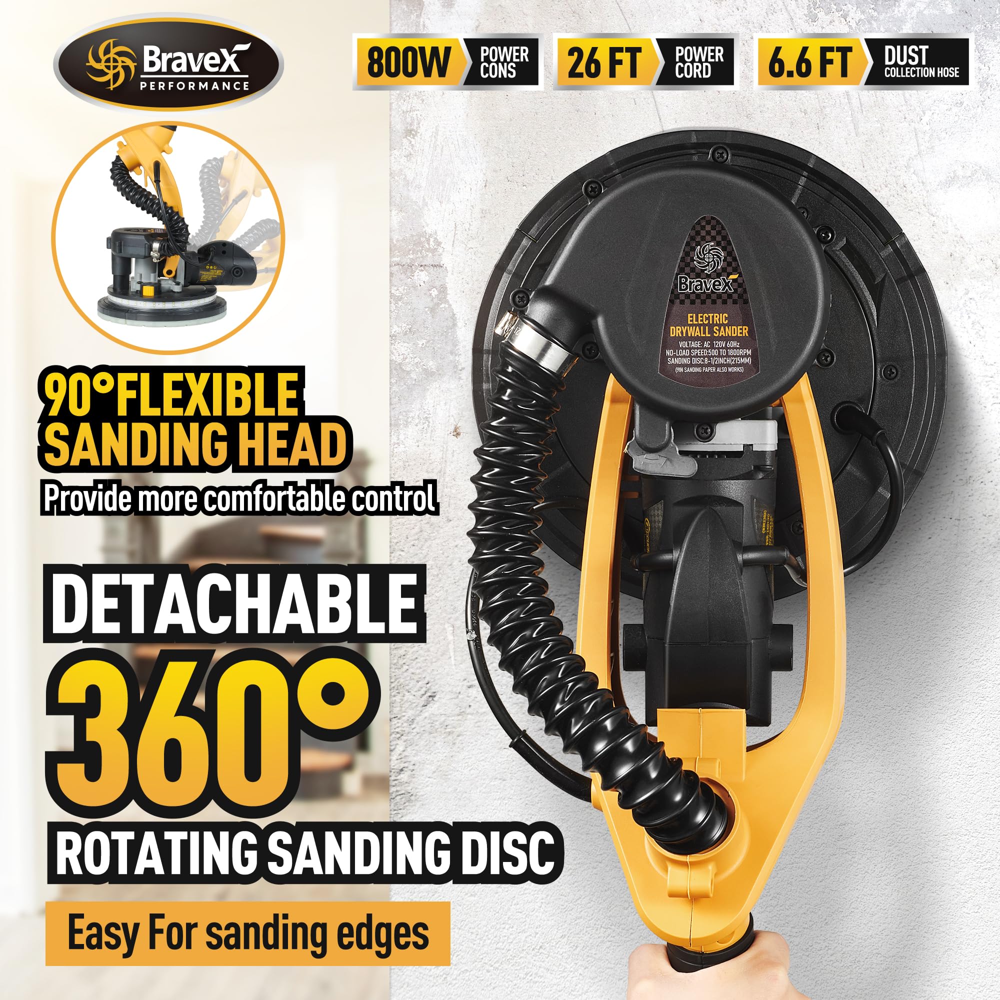 6.5-Amp Electric Drywall Sander with Vacuum - 99.5% Dust Removal, 7-Speed Adjustable (900-1800 RPM), 26-Foot Power Cord - Ideal for Popcorn Ceiling Removal & Dustless Floor Sanding - Perfect for Home Renovation & Professional Drywall Repair