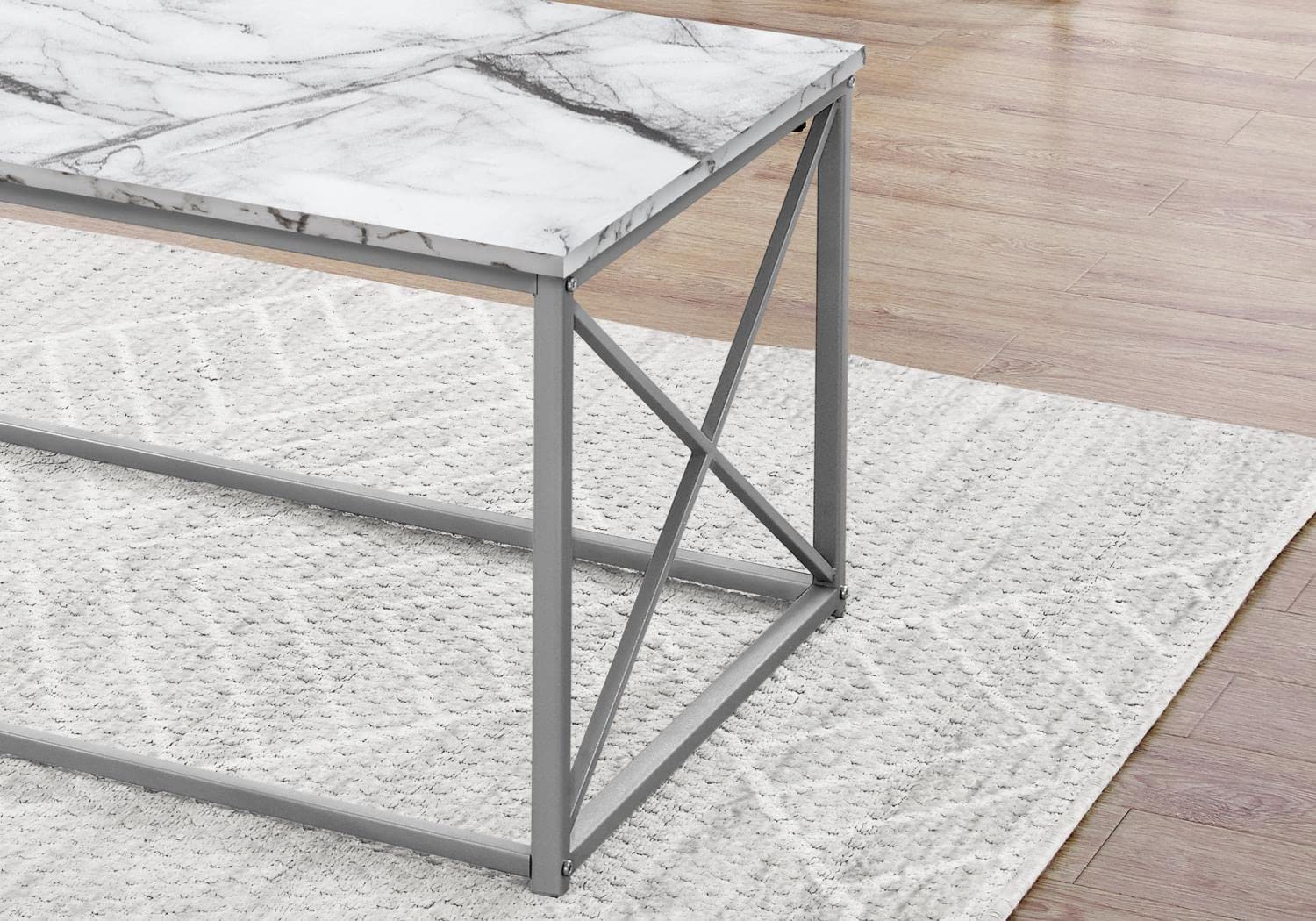 Monarch Specialties I 7953P 3-Piece Table Set - Coffee Table, End Table & Side Table - White Marble Look Laminate with Grey Metal Frame - Modern Contemporary Living Room Furniture for Small Spaces & Apartments