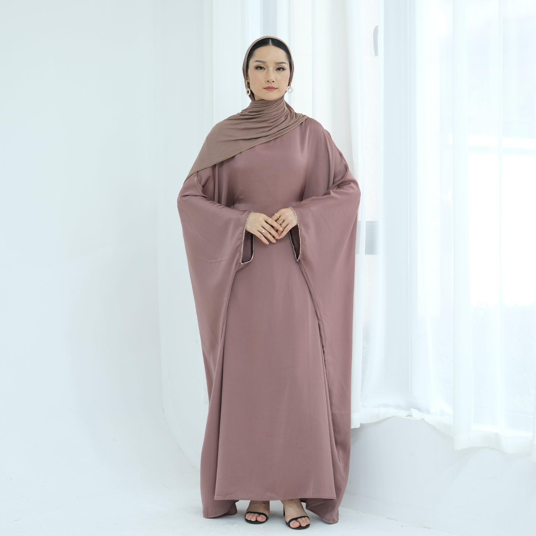 Davina Butterfly Satin Abaya Mauve - Elegant Islamic Prayer Dress for Women | Perfect for Eid, Ramadan & Special Occasions