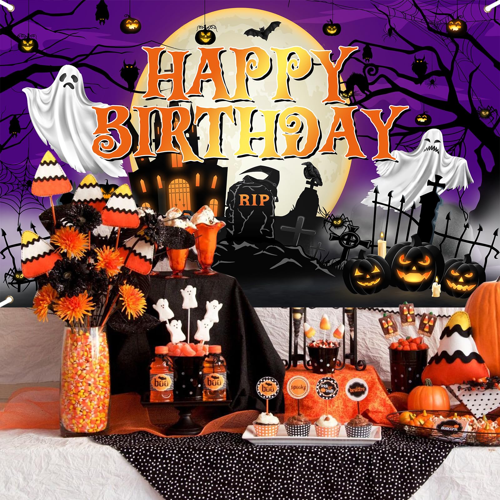 Avezano Halloween Birthday Banner - Purple Horror Moon Night Decor for Kids Parties