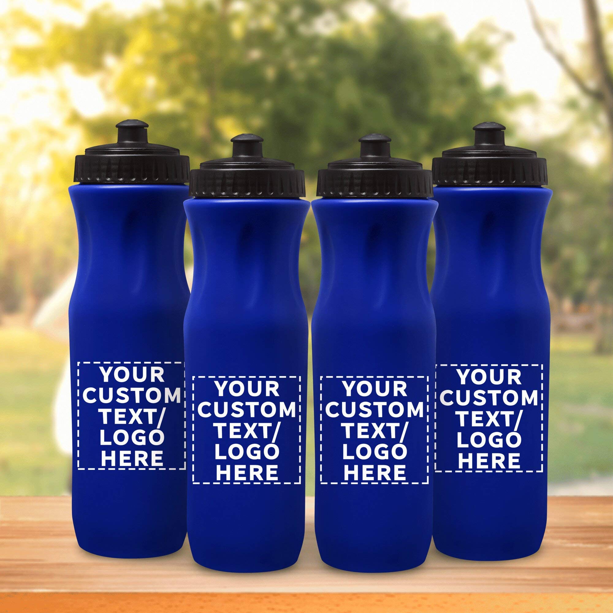 50 Pack 26 oz Customizable Plastic Water Bottles with Black Push Top Lid - Bulk Reusable Water Bottles for Sports, Gym, School & Office - Blue