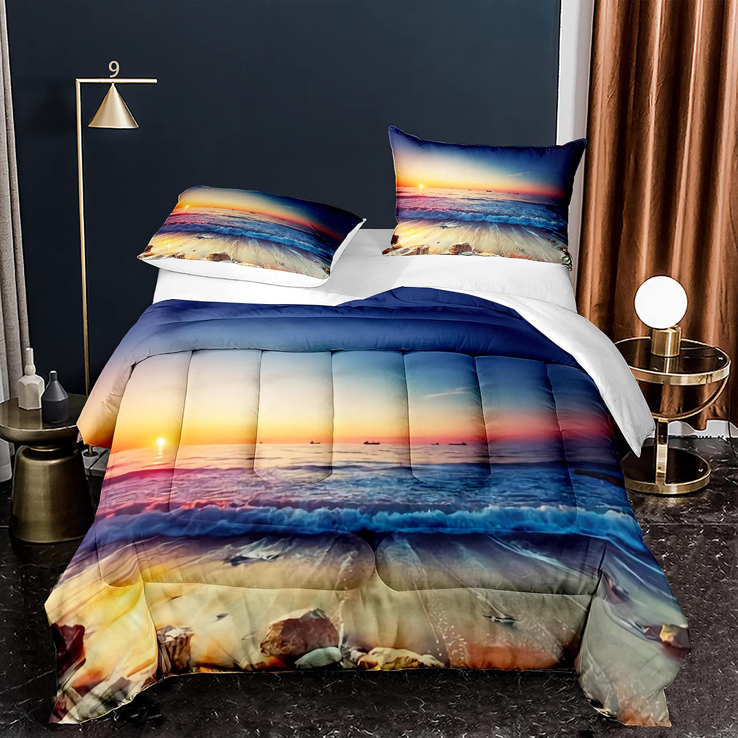 Ocean Themed Twin Size 2-Piece Cooling Bedding Set - Sunset Waves Comforter & Pillow Sham | Coastal Decor for Beach House, Dorm Room & Summer Bedroom