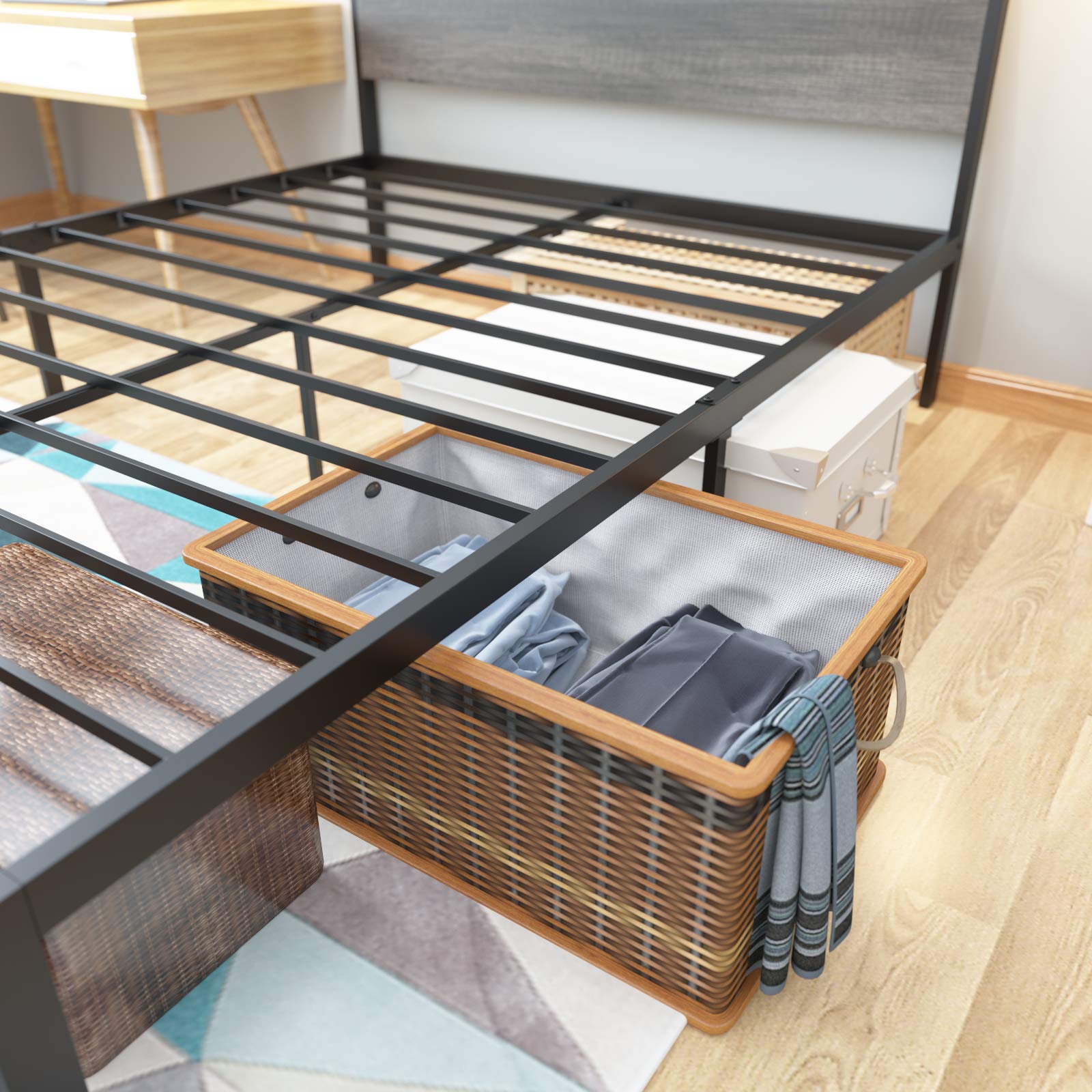 Weehom Queen Size Metal Bed Frame with Lock Design & Under Bed Storage - No Box Spring Needed, Mattress Foundation - Black | Perfect for Small Spaces, Guest Rooms & Dormitories