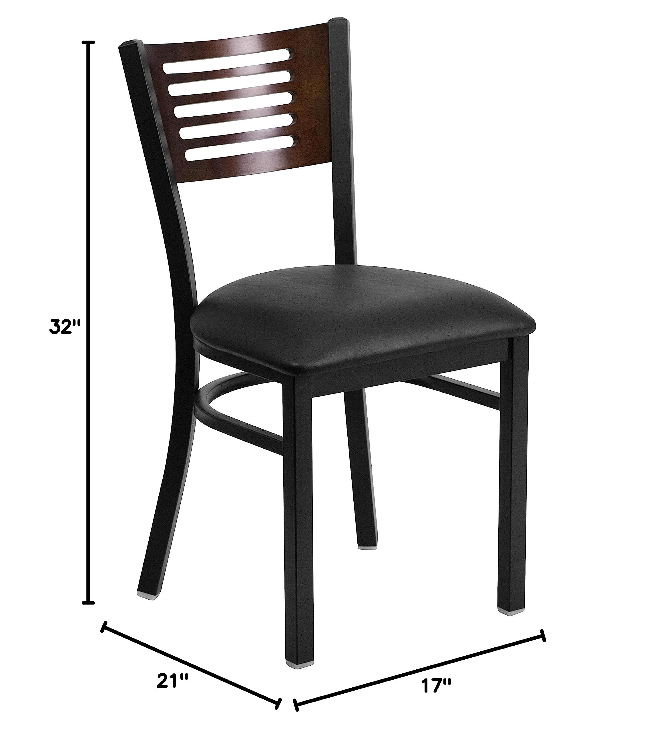 2 Pack Black Slat Back Metal Restaurant Chairs - Walnut Wood Back, Black Vinyl Seat - Durable Dining Chairs for Restaurants, Cafes, and Home Kitchens