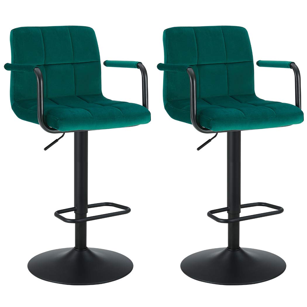 DUHOME Modern Swivel Adjustable Bar Stools Set of 2 - Velvet Upholstered Counter Height Stools with Hydraulic Lift for Home Bar, Kitchen Island & Dining Room - Contemporary Teal Barstools for Restaurant & Cafe Decor