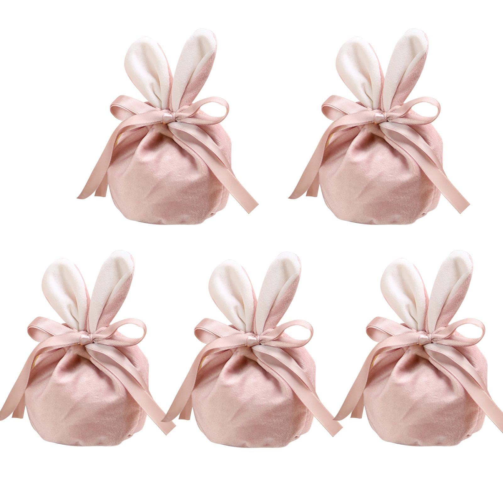 5-Piece Easter Bunny Velvet Gift Bags with Drawstring & Rabbit Ears - Pink Bunny Ear Velvet Pouches for Easter Egg, Candy, Cookie Packaging - Perfect for Easter Party Favors, Gift Exchanges & Spring Celebrations