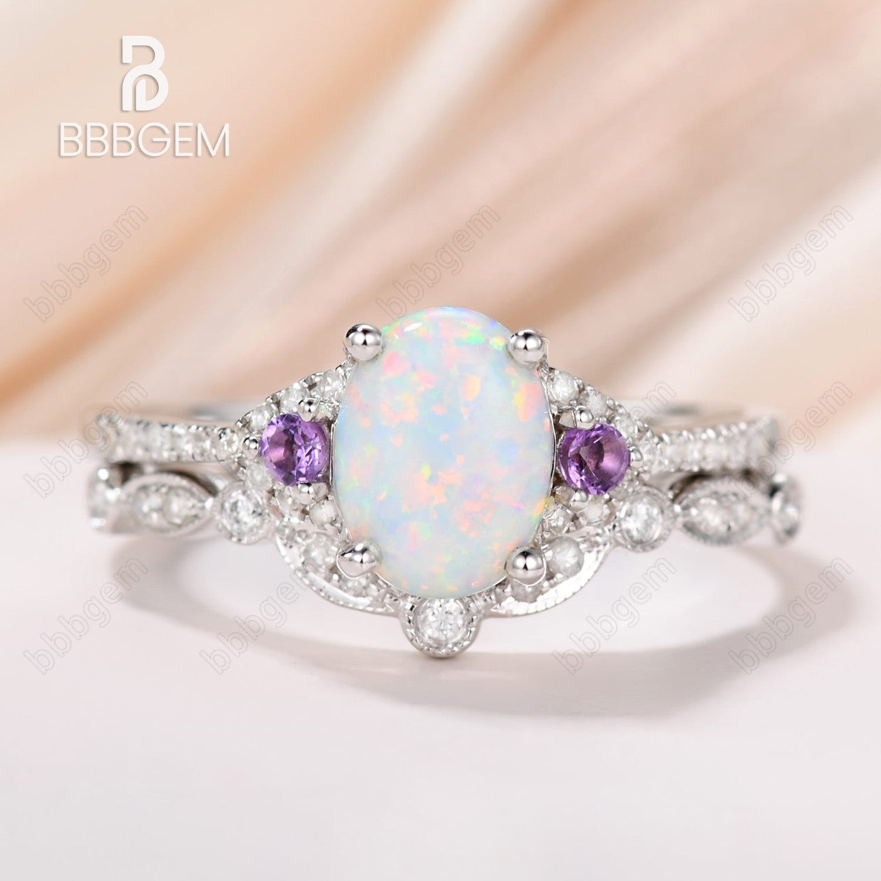 14K White Gold Oval Opal Moissanite Engagement Ring - Art Deco Double Curve Enhancer Wedding Band for Women, Perfect for Proposals, Anniversaries & Bridal Jewelry