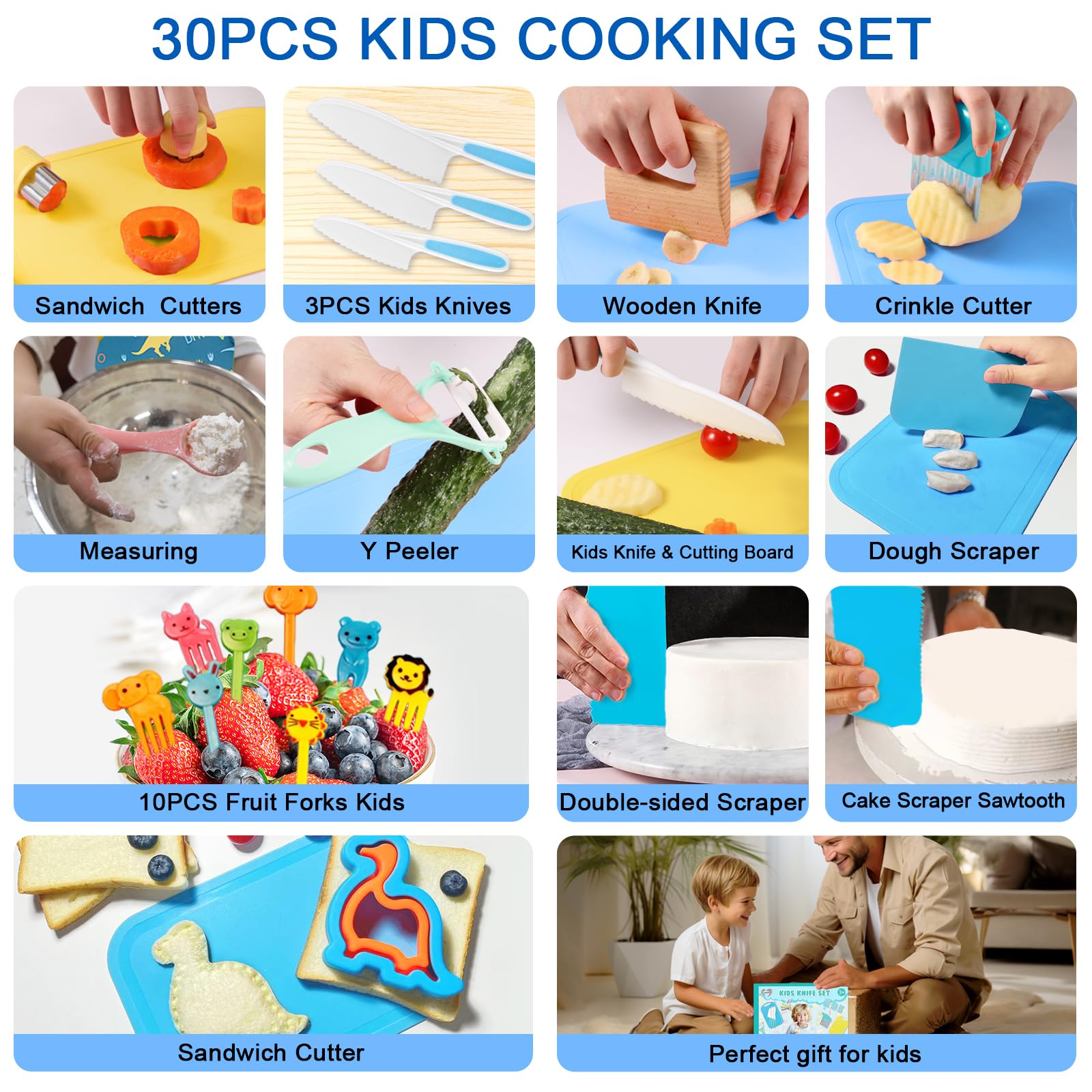 30-Piece Montessori Kids Cooking Set with Safe Knives & Crinkle Cutter - Real Cooking Utensils for Toddlers - Perfect for Early Learning, Kitchen Play & Family Cooking Activities