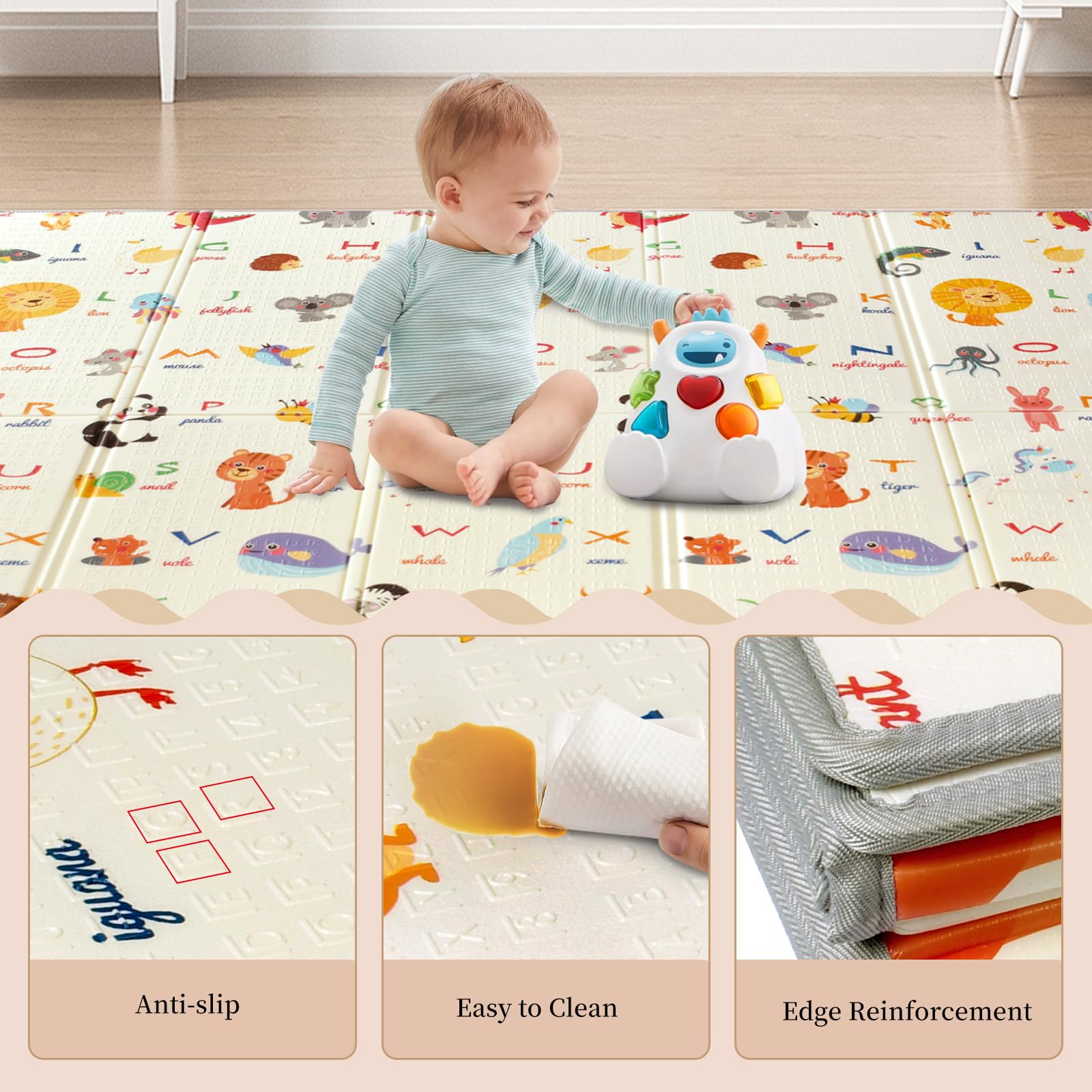 Premium Baby Play Mat for Floor - 79”×71” Extra Large Foldable Waterproof Foam Playmat for Infants | Tummy Time, Crawling & Playpen Activities | Non-Toxic Thick Cushion with Travel Bag (Animal Print) - Perfect for Nursery, Daycare & Travel Use