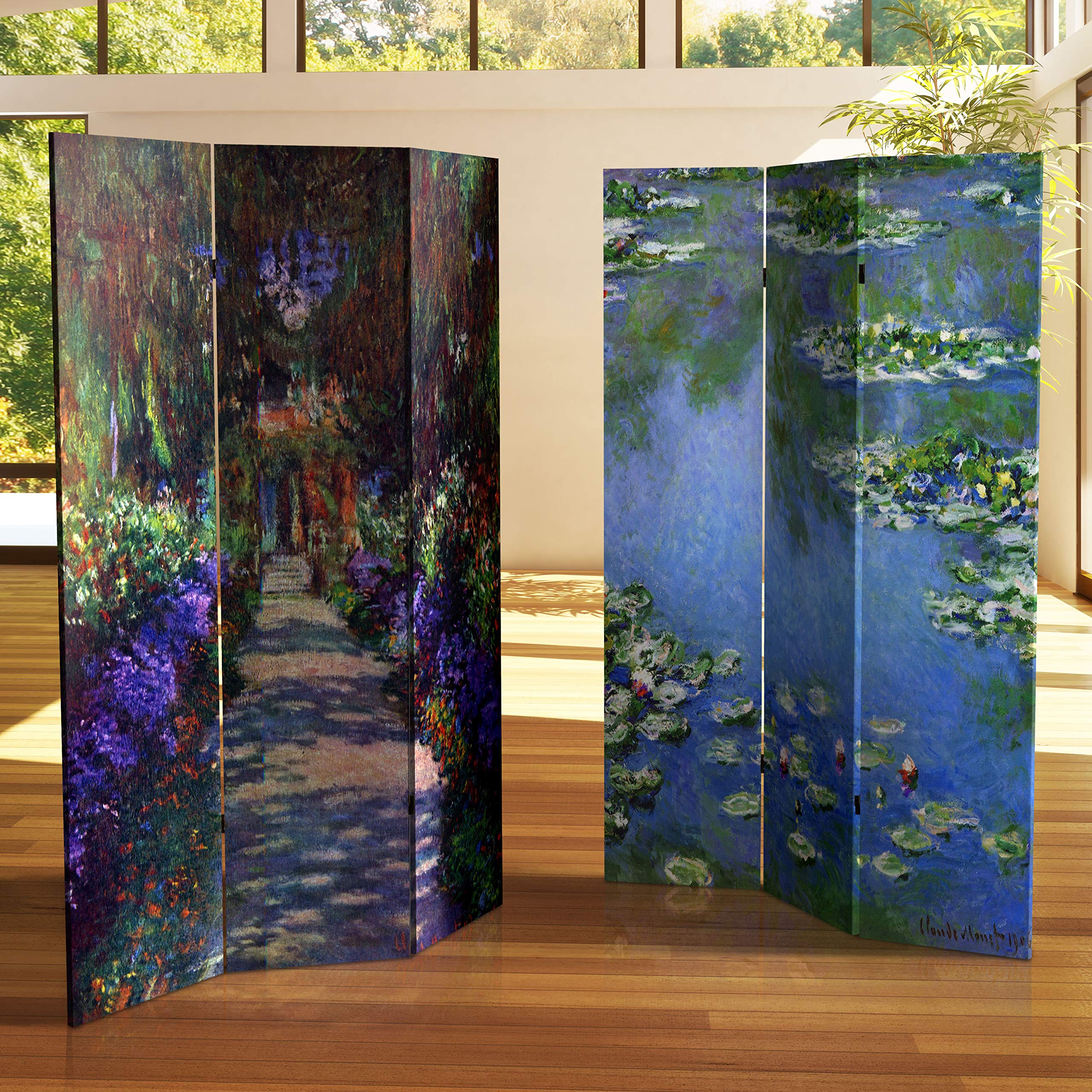6 ft Double Sided Monet Canvas Room Divider - Water Lilies & Garden at Giverny Blue Art Panel | Home Office Partition Screen | Bedroom Decor & Living Room Privacy Panel