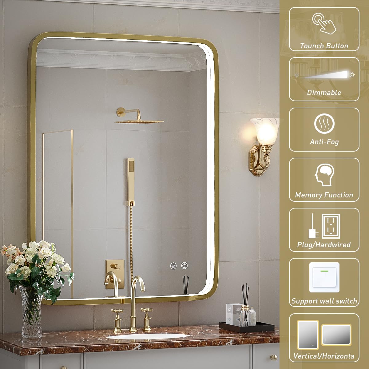 24x32 Inch LED Bathroom Mirror with Lights - Gold Framed Wall Mounted Vanity Mirror, Anti-Fog, Dimmable & Touch Control for Makeup (Horizontal/Vertical) - Perfect for Modern Bathrooms, Dressing Rooms & Vanity Areas