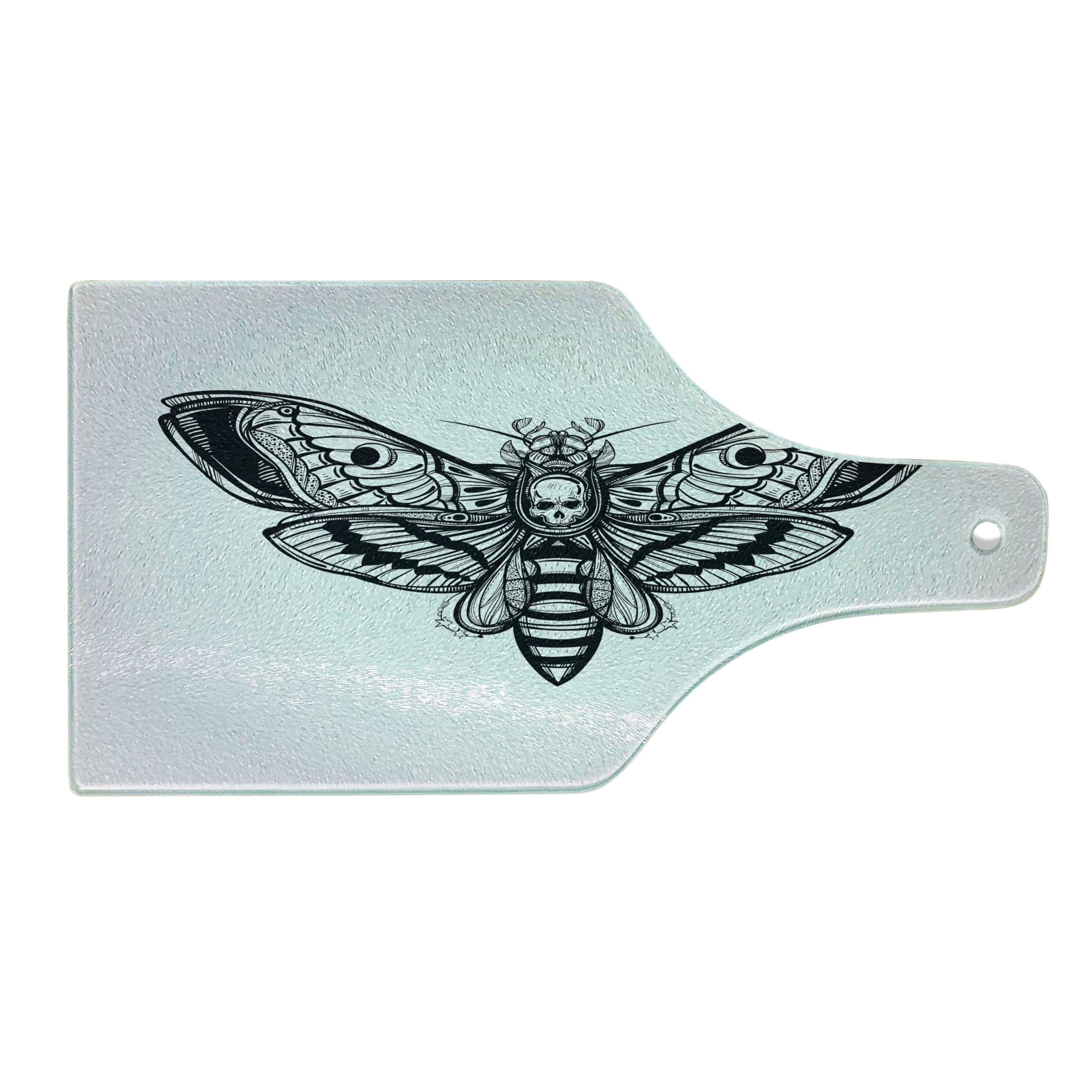 Gothic Grunge Skull Cutting Board - Dead Moth with Skull Face Design, Tempered Glass Serving Board for Cheese, Charcuterie & Wine, Black & White Wine Bottle Shape - Perfect for Halloween Parties, Gothic Home Decor & Unique Gift Ideas