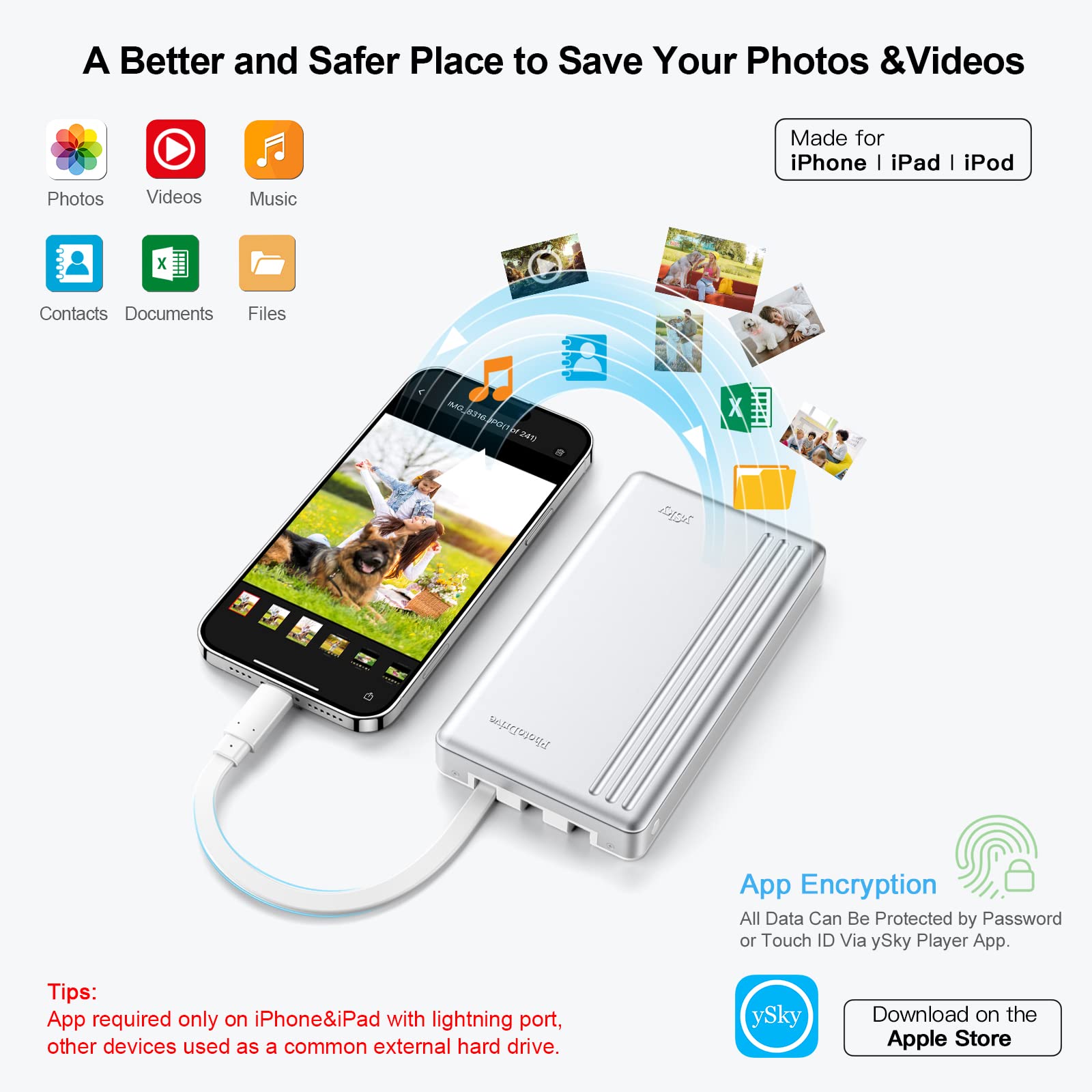 1TB MFi Certified Portable External Hard Drive for iPhone, iPad, MacBook - USB-C/USB Storage Device with One-Touch Backup | Expand Memory for iOS, Android & Windows PC | Perfect for Travel, Work & Photo Storage