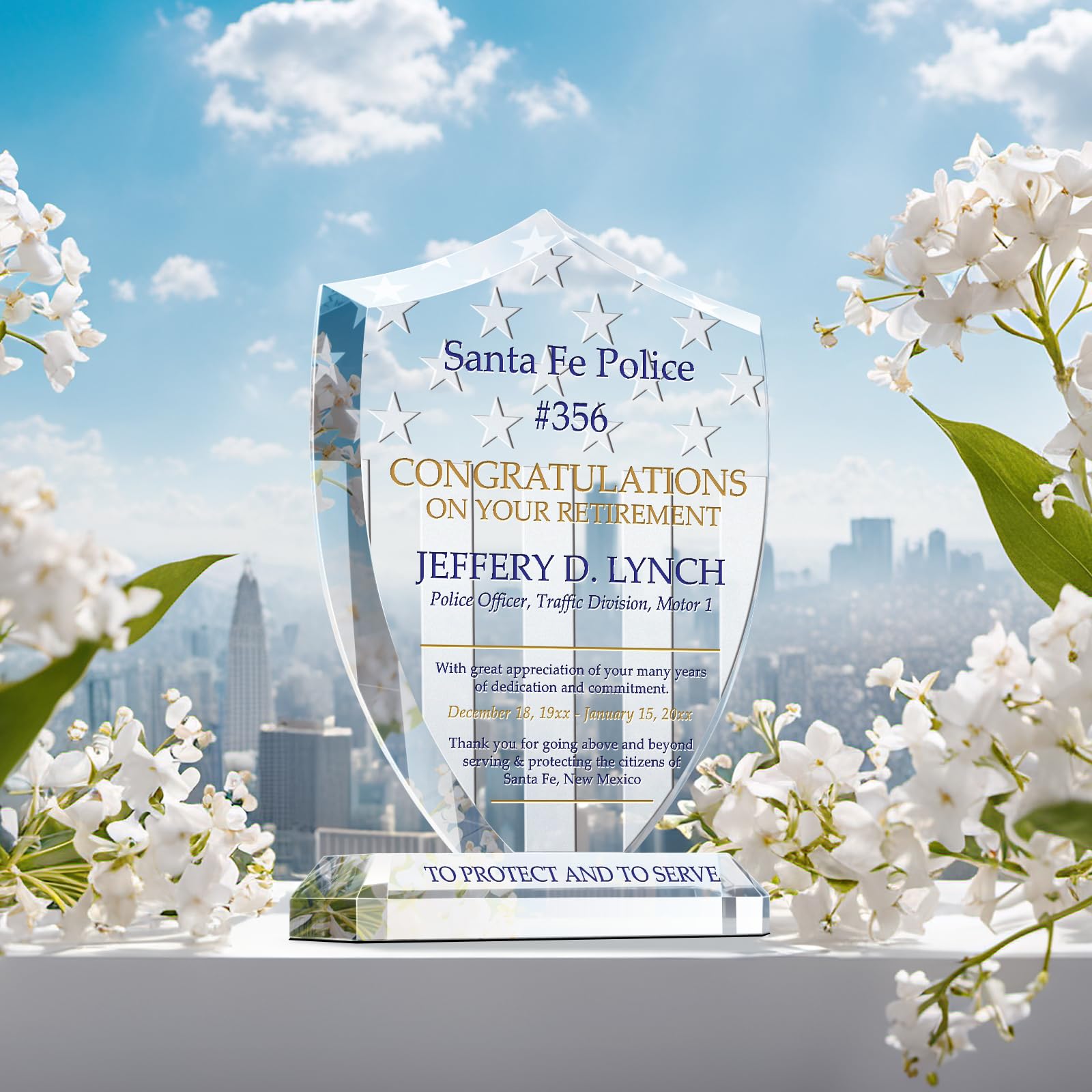Custom Police Retirement Gift Plaque - Personalized Crystal Shield with Stars & Stripes, Engraved Name & Service Years - Unique Retirement Present for Men & Women Officers (7.5 Inch) - Perfect for Retirement Ceremonies, Office Decor & Appreciation Gifts