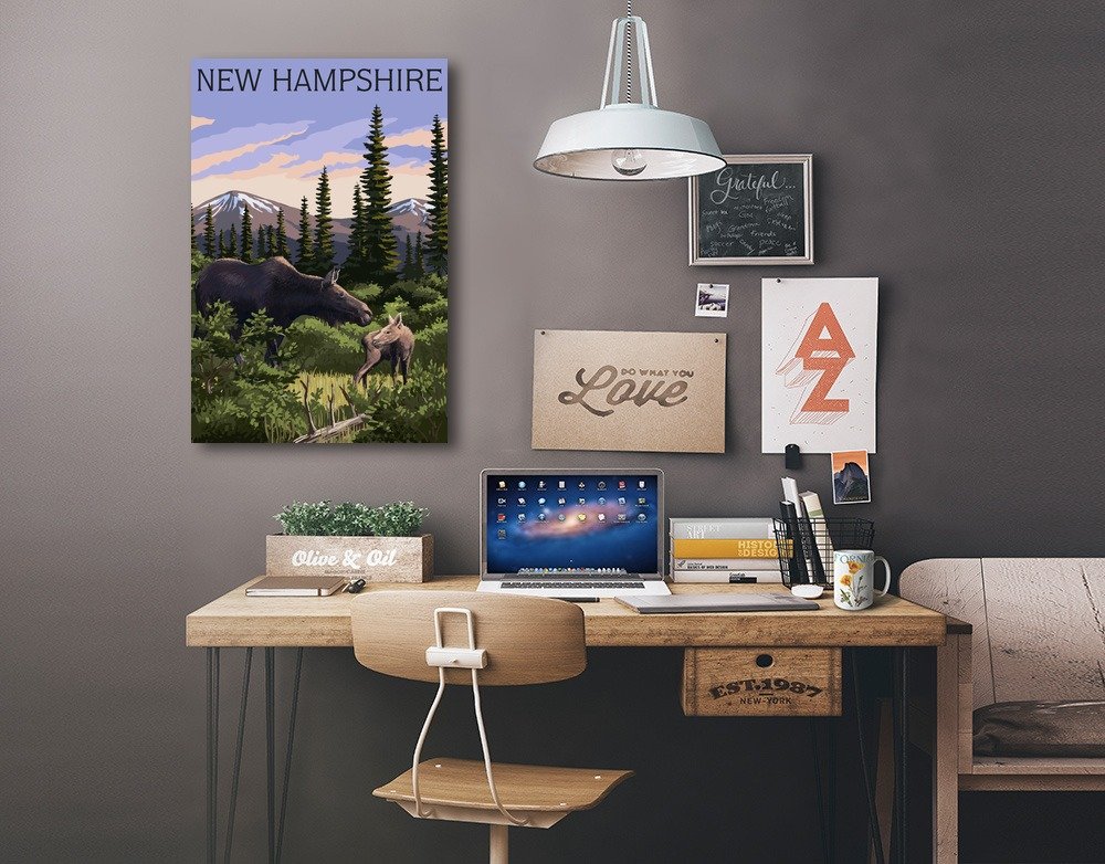 Lantern Press New Hampshire Moose and Calf Wall Art - 16x24 Wrapped Canvas for Living Room, Bedroom & Office Decor - Nature Wildlife Painting for Home & Cabin