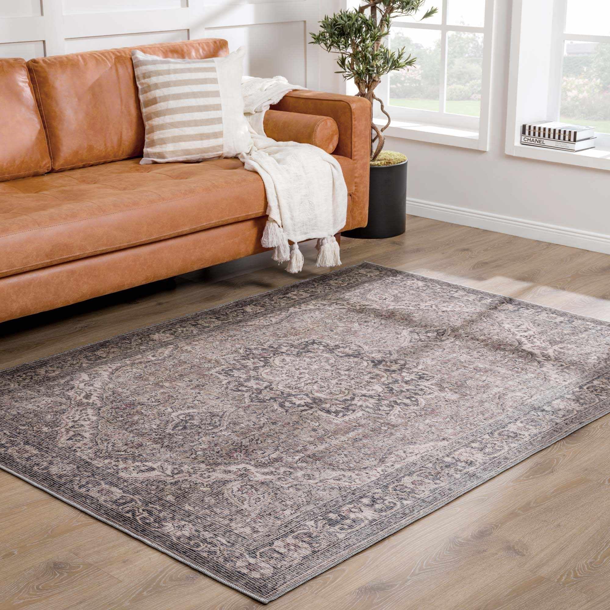 Machine Washable Oriental Medallion Area Rug - Bohemian Vintage Distressed Carpet in Brown, Dark Blue & Beige - 6'7