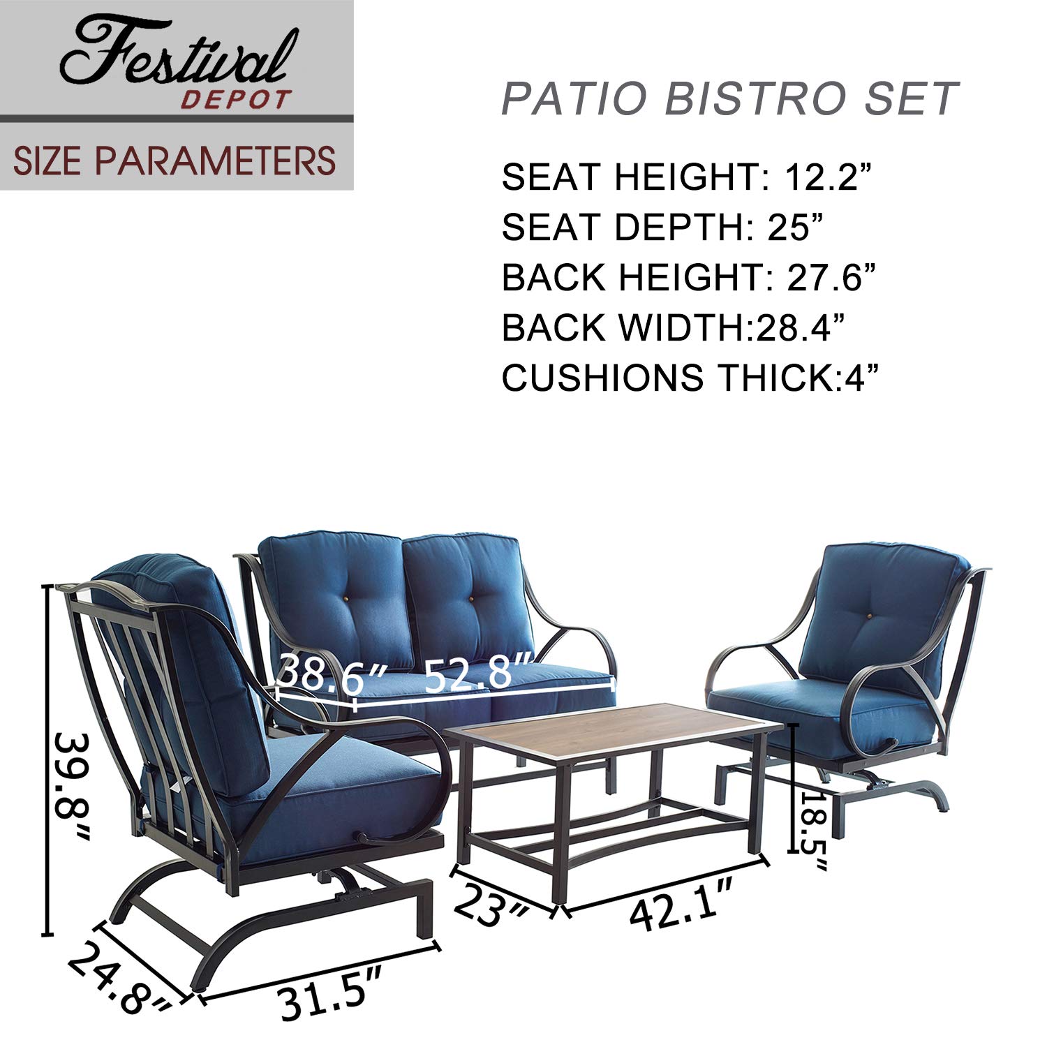 Premium 4-Piece Outdoor Patio Conversation Set with Coffee Table - Durable Metal Frame & Soft Cushions - Blue Garden Bistro Furniture for Backyard, Poolside or Deck Relaxation