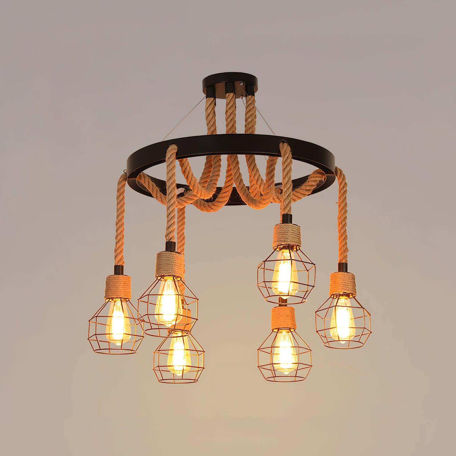 Industrial Hemp Rope Starfall Chandelier - Rustic Farmhouse Ceiling Light Fixture for Dining Room, Living Room, or Bedroom Decor
