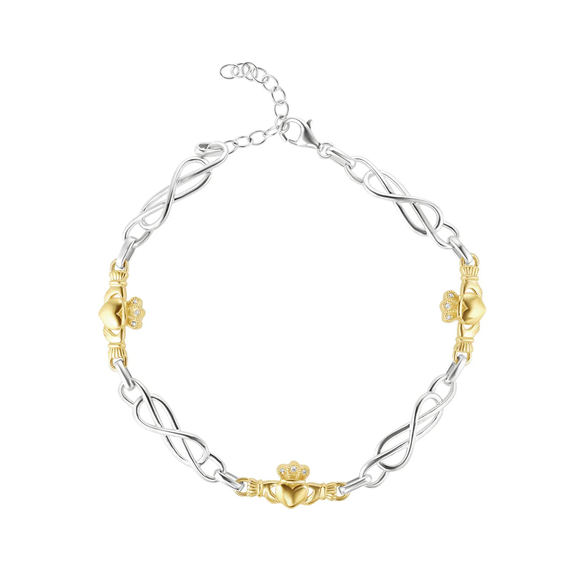 10K Gold & Diamond Sterling Silver Claddagh Bracelet for Women - Irish Friendship & Love Symbol Jewelry Gift for Anniversary, Wedding, or St. Patrick's Day