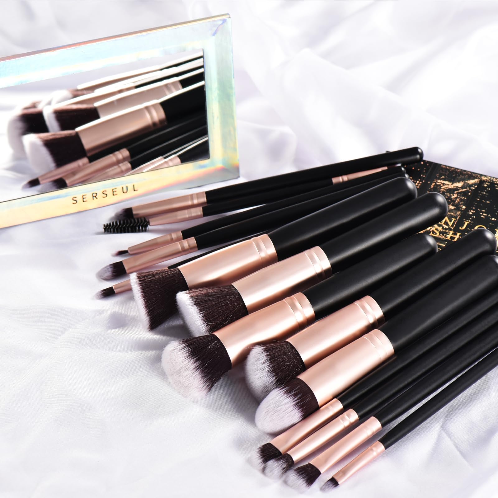 14-Piece Black Makeup Brush Set with Wooden Handles - Professional Cosmetic Brushes for Women & Girls - Essential Makeup Tools for Foundation, Blush, Eyeshadow & More - Perfect for Daily Beauty & Professional Makeup Application