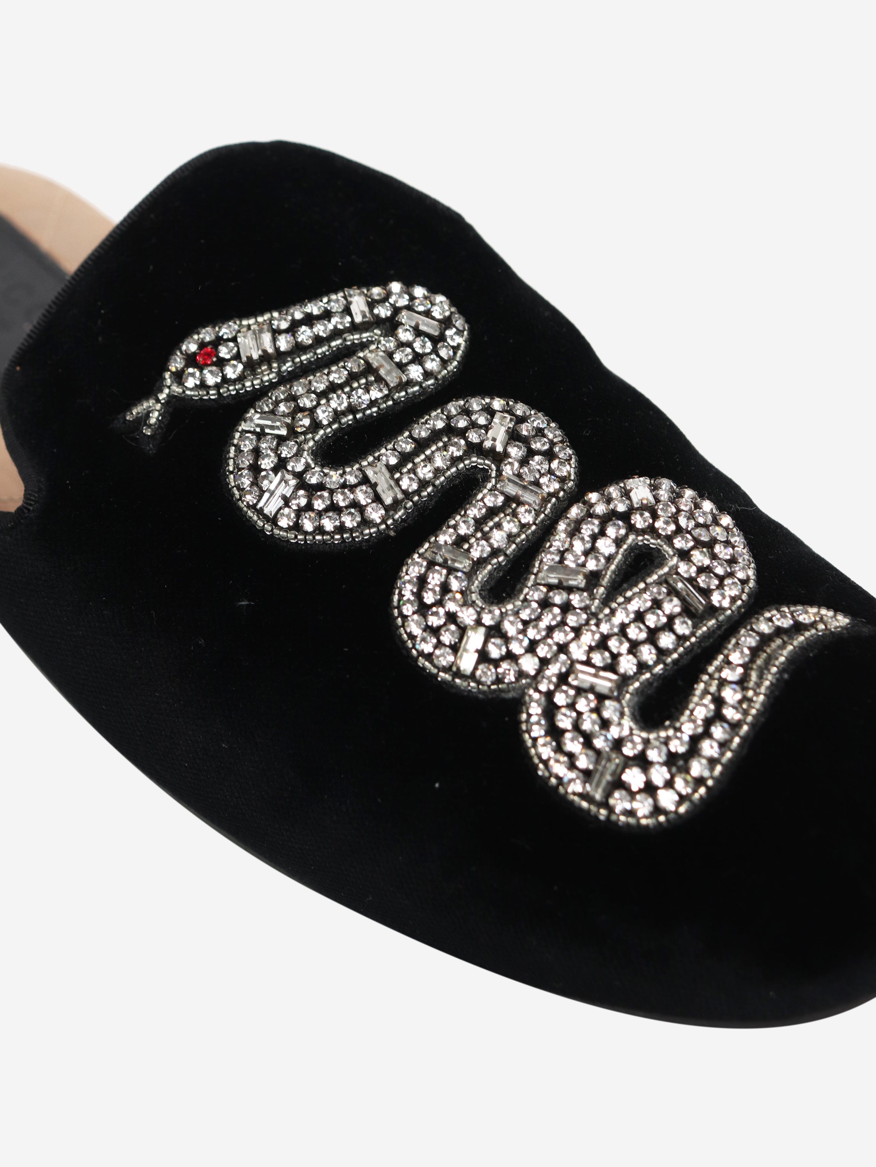 Black Velvet Crystal Snake Slippers - Women's Size EU 38.5 (US 8) - Elegant House Shoes for Lounge, Bridal Party & Gift Giving