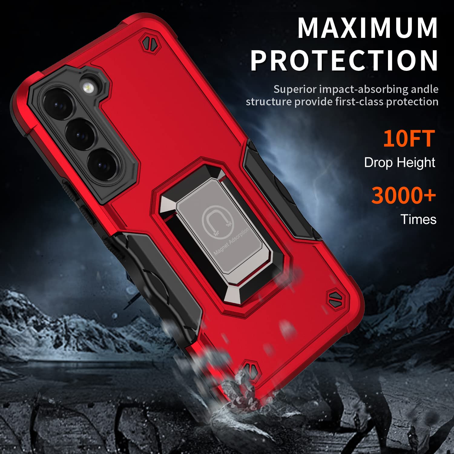 Shockproof Phone Case for Samsung Galaxy S22+ 5G with Ring Stand - RS6 Red - Perfect for Work & Travel